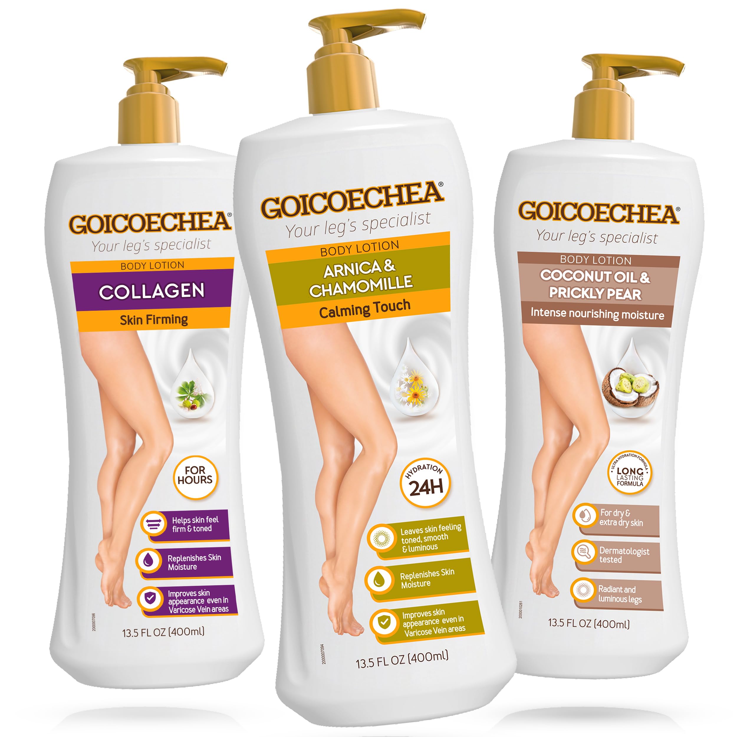 Goicoechea Body Lotion Variety Pack, 13.5 Fl Oz Each, 3-Pack | Varicose Veins Support, Arnica & Chamomile for Lighter Legs, Collagen Elastin for Skin Firming, Coconut Oil for Dry Skin