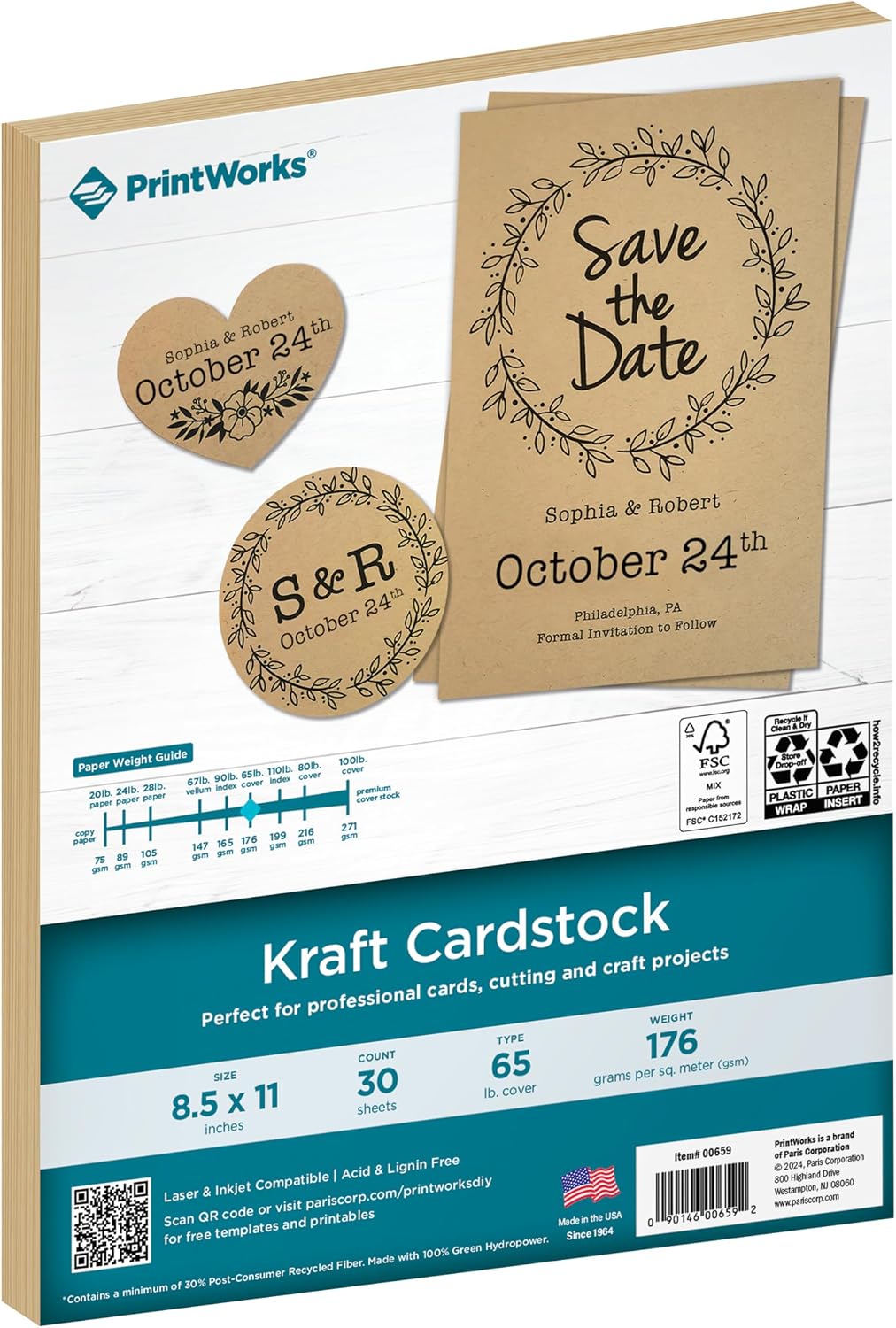 PrintWorks Kraft Cardstock 8.5" x 11" - 30 Sheets - Heavyweight Brown Card Stock Ideal for School & Craft Projects - 65 lb/176 gsm - Made in the USA - FSC® Certified (00659)