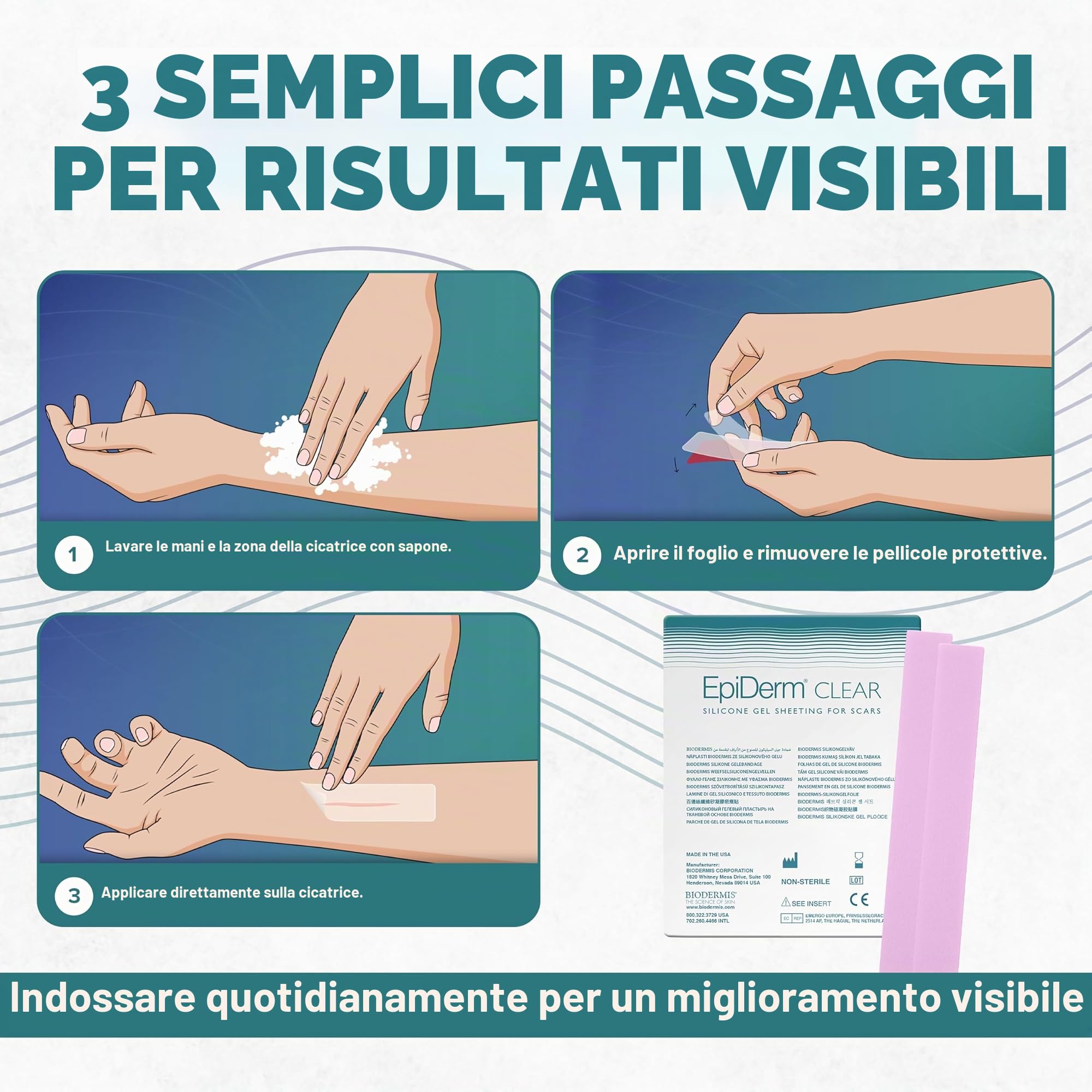 BIODERMIS - Cerotti Silicone per Cicatrici | Riduce Cicatrici Chirurgiche e Ustioni | Riutilizzabili e Adattabili | Rende la Pelle più Chiara e Morbida | 3,6 x 29 cm, Silicone
