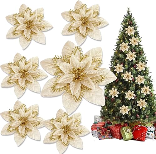 PUPCONE 12 flores de Pascua de Navidad, flores con purpurina, flores decorativas para árbol de Navidad, flores artificiales decorativas para Navidad