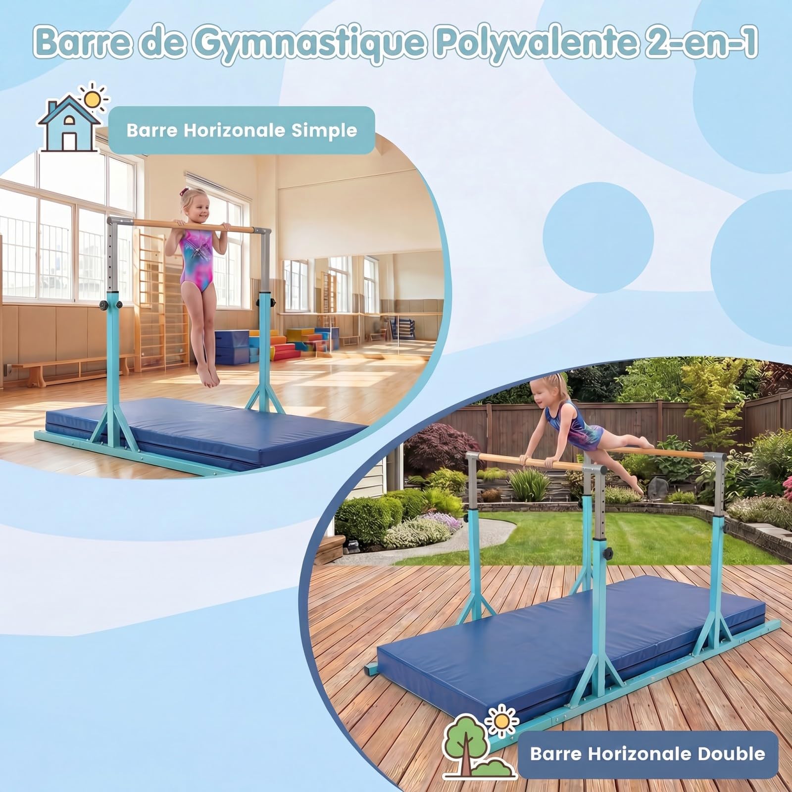 GYMAX Barres Parallèles de Gymnastique pour Enfants, Double Barre Réglable en Hauteur 85-145 cm sur 13 Niveaux, Équipement d'Entraînement à Domicile avec Support Métallique Triangulaire