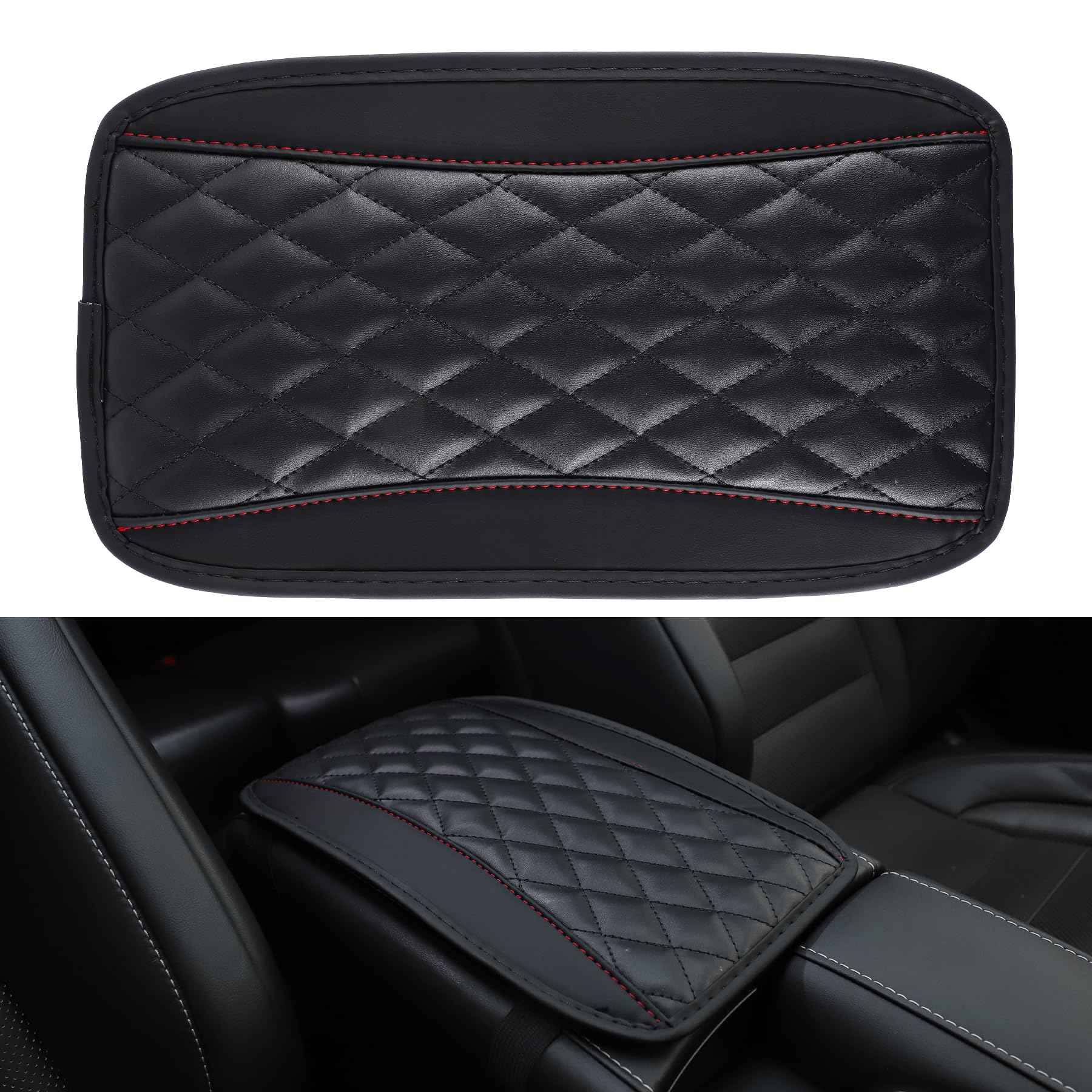 AmissCar Center Console Cushion Pad, Universal Waterproof Car Armrest Seat Box Cover, Car Interior Accessories, PU Leather Auto Armrest Cover Protector for Most Vehicle, SUV, Car (Black)