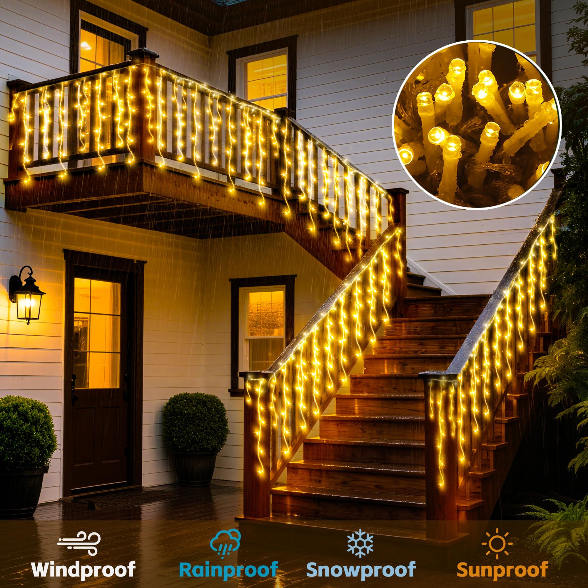 BLOFUN Lichterkette Außen 20M 720 LEDs, Eisregen Weihnachtsbeleuchtung IP65 Wasserdicht mit Timer & 8 Modi, Warmweiß für Weihnachtsbaum & Deko-Warmweiß