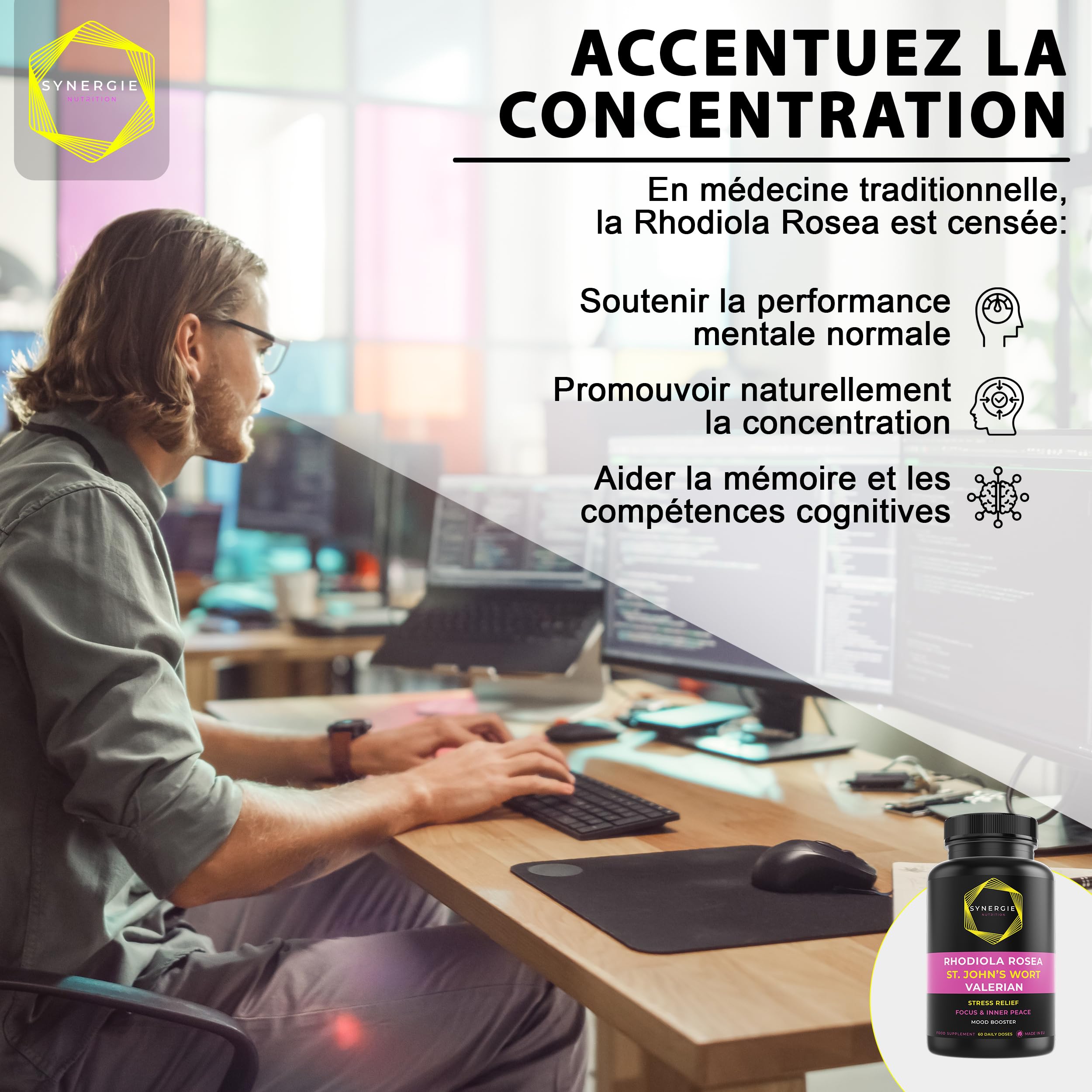 Millepertuis 500 mg, Rhodiola Rosea 400 mg, Valériane 300 mg - 60 doses journalières - Hypericine 0,3%, Rosavine 3%, Salidroside 1% - Extraits 10:1. Harmonisateur d'humeur par Synergie Nutrition