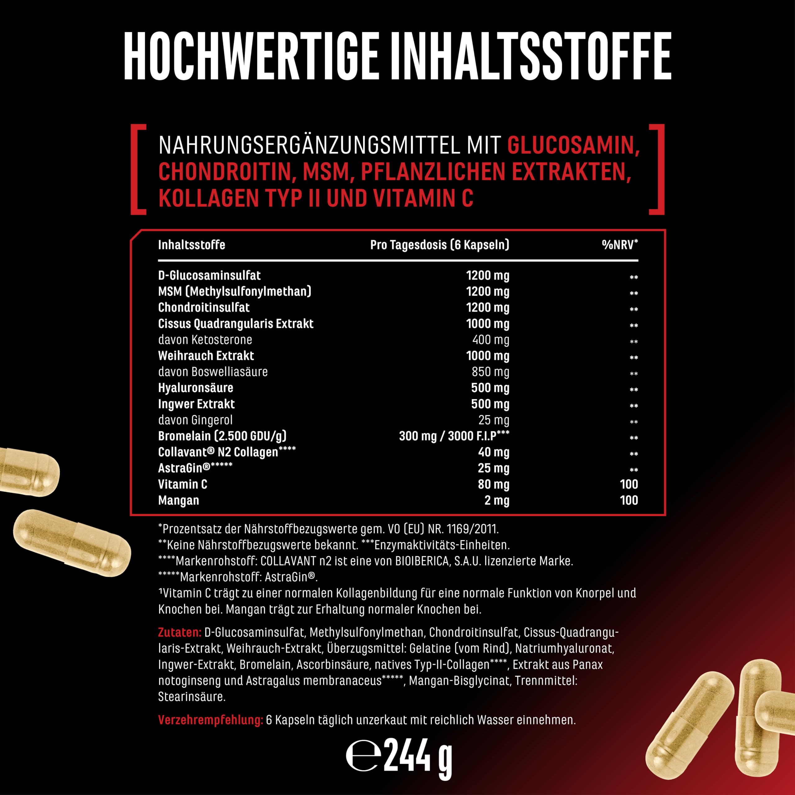 GEN GERMAN ELITE NUTRITION Bone Force - 180 Ultra Kapseln | Kollagen Typ II & Glucosamin, Collavant® N2, AstraGin®, MSM, Chondroitin, Cissus & Hyaluronsäure