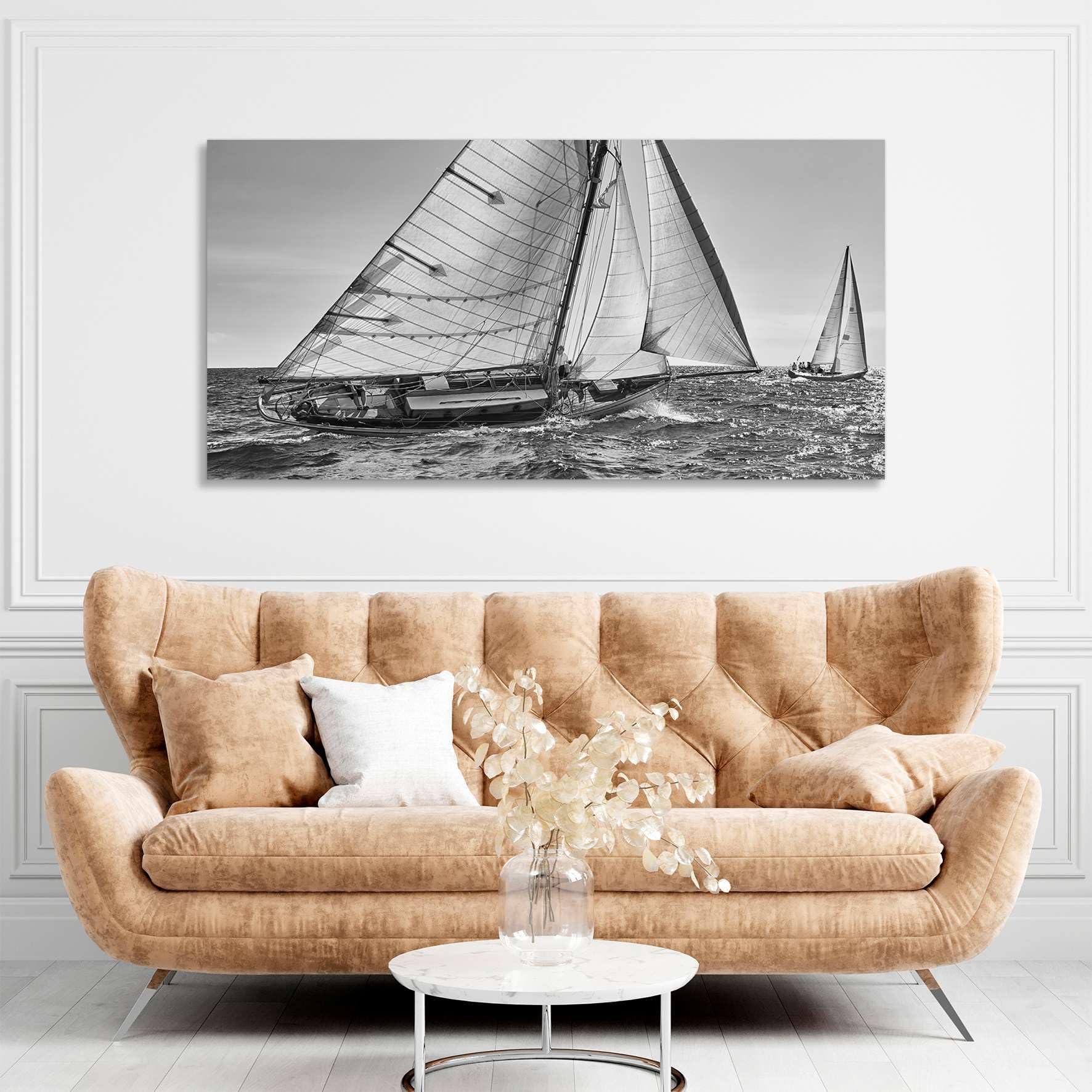 Generico Barca a vela in bianco e nero - quadro stampa su tela con telaio in legno - 160x80 cm