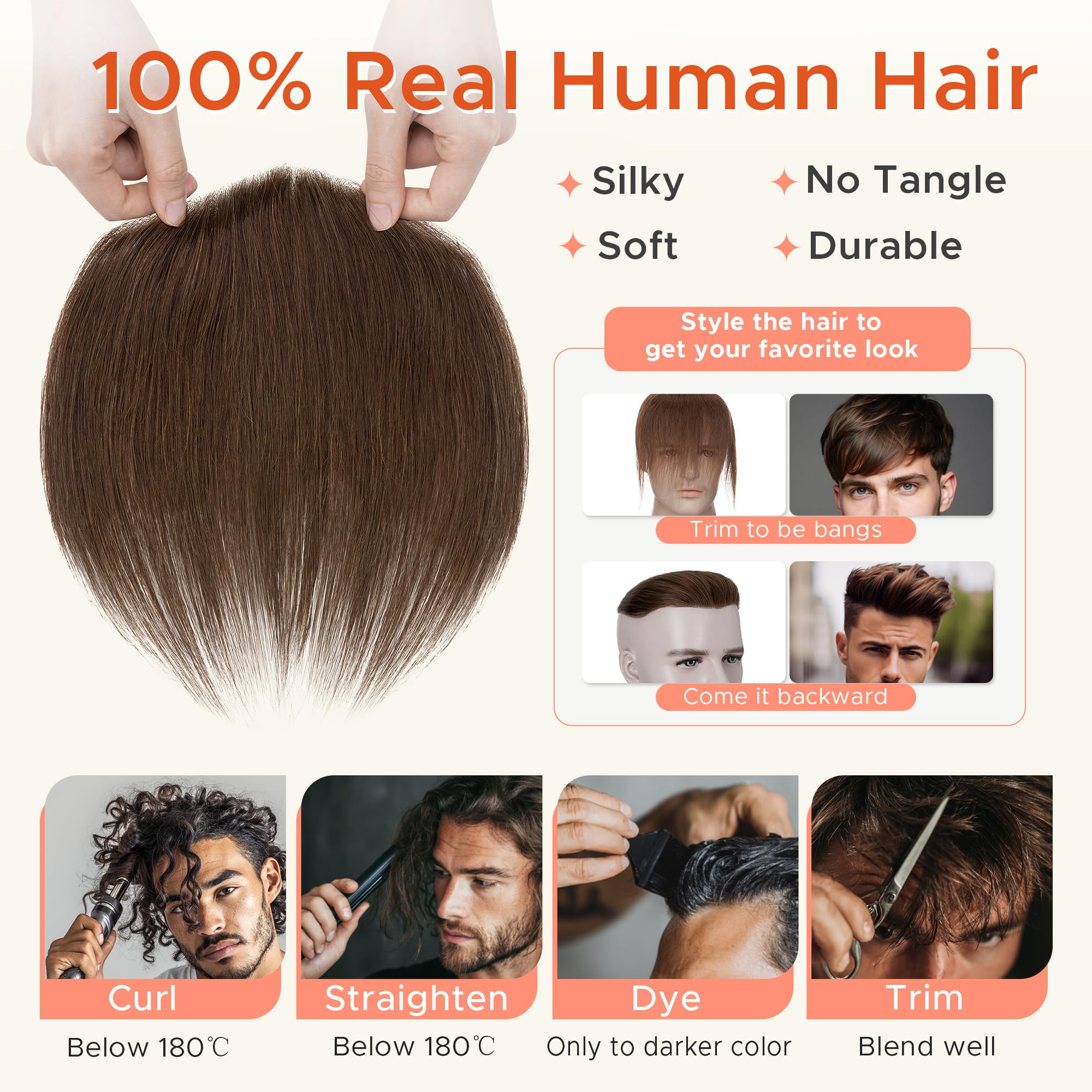 6 inch SEGO Men's Toupee V-Shape Hairline Real Human Hair Extension Forehead Hairpiece Fringe Bang Replacement System Invisible (4 * 18cm,#4 Medium Brown) - Image 3