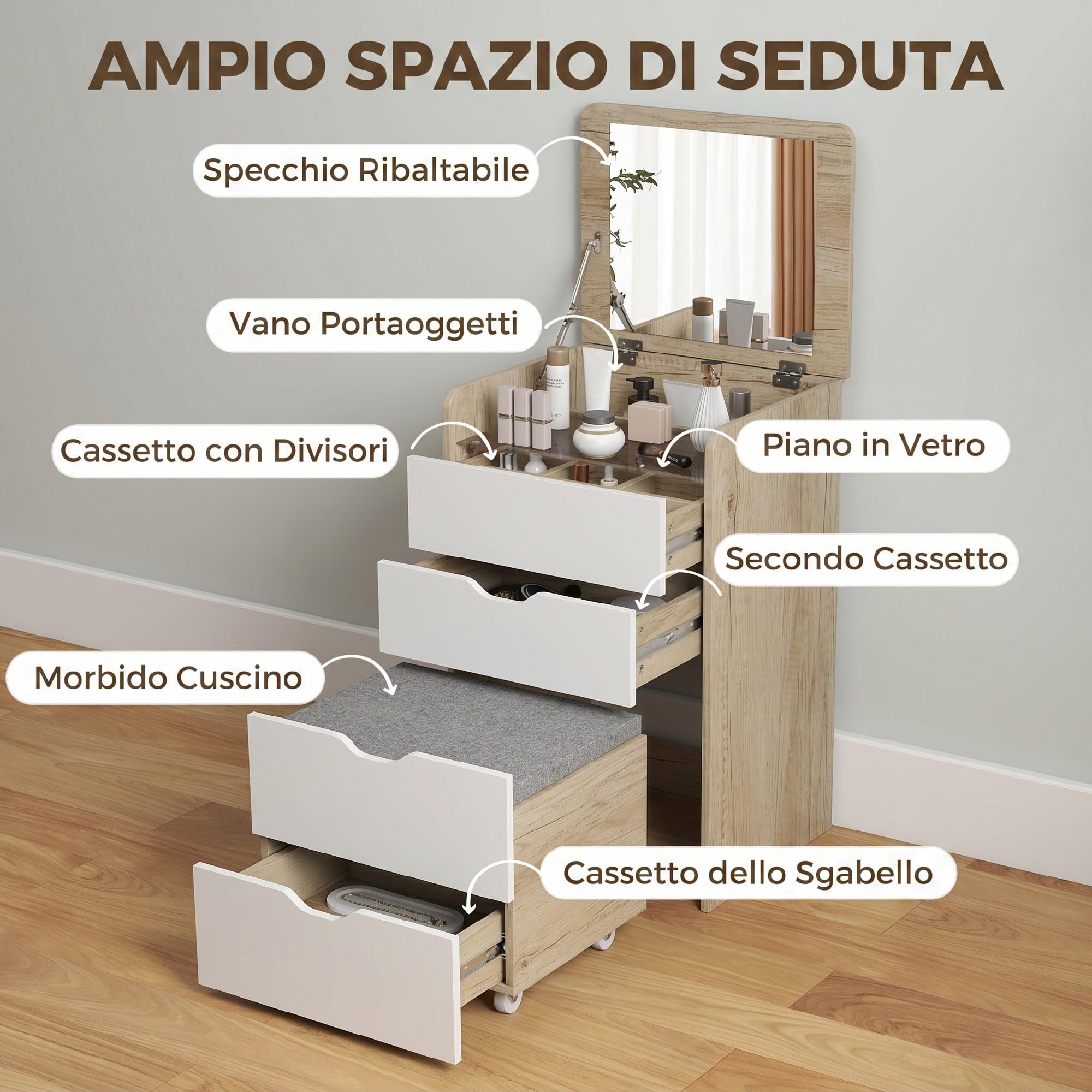 HOMCOM Postazione Trucco 3 in 1 con Specchio a Ribalta, Sgabello a Scomparsa, Toeletta Trucco con Sgabello Imbottito a Ruote, 3 Cassetti, Piano in Vetro Visibile, Vano, Salvaspazio, Rovere e Bianco