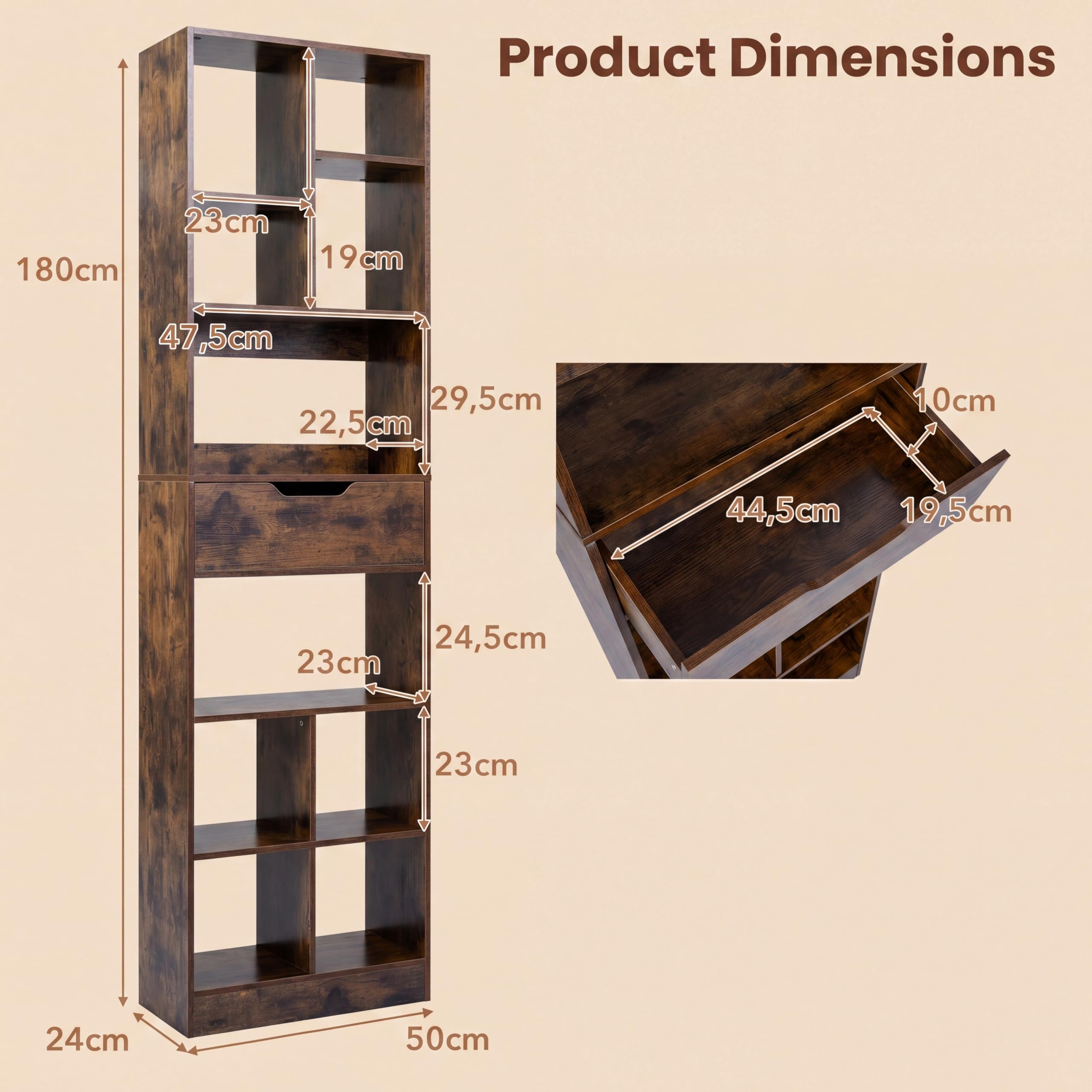 GIANTEX Bibliotheque Style Industriel Design, Etagere Bibliotheque à 10 Compartiments Ouverts et 1 Tiroir, Meuble de Rangement Géométrique pour Chambre Salon Bureau, 50 x 24 x 180 cm