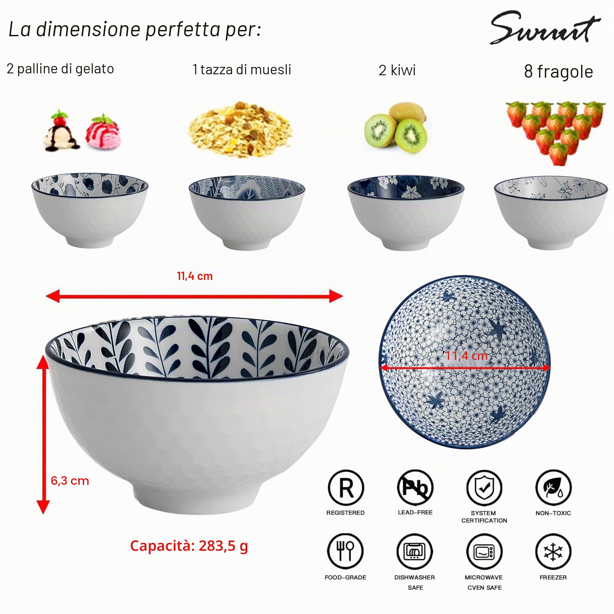 Set di ciotole da pranzo in ceramica in stile giapponese, 283,5 g, insalata, zuppa, ciotola per riso da 11 cm, blu e bianco (11,4 cm)
