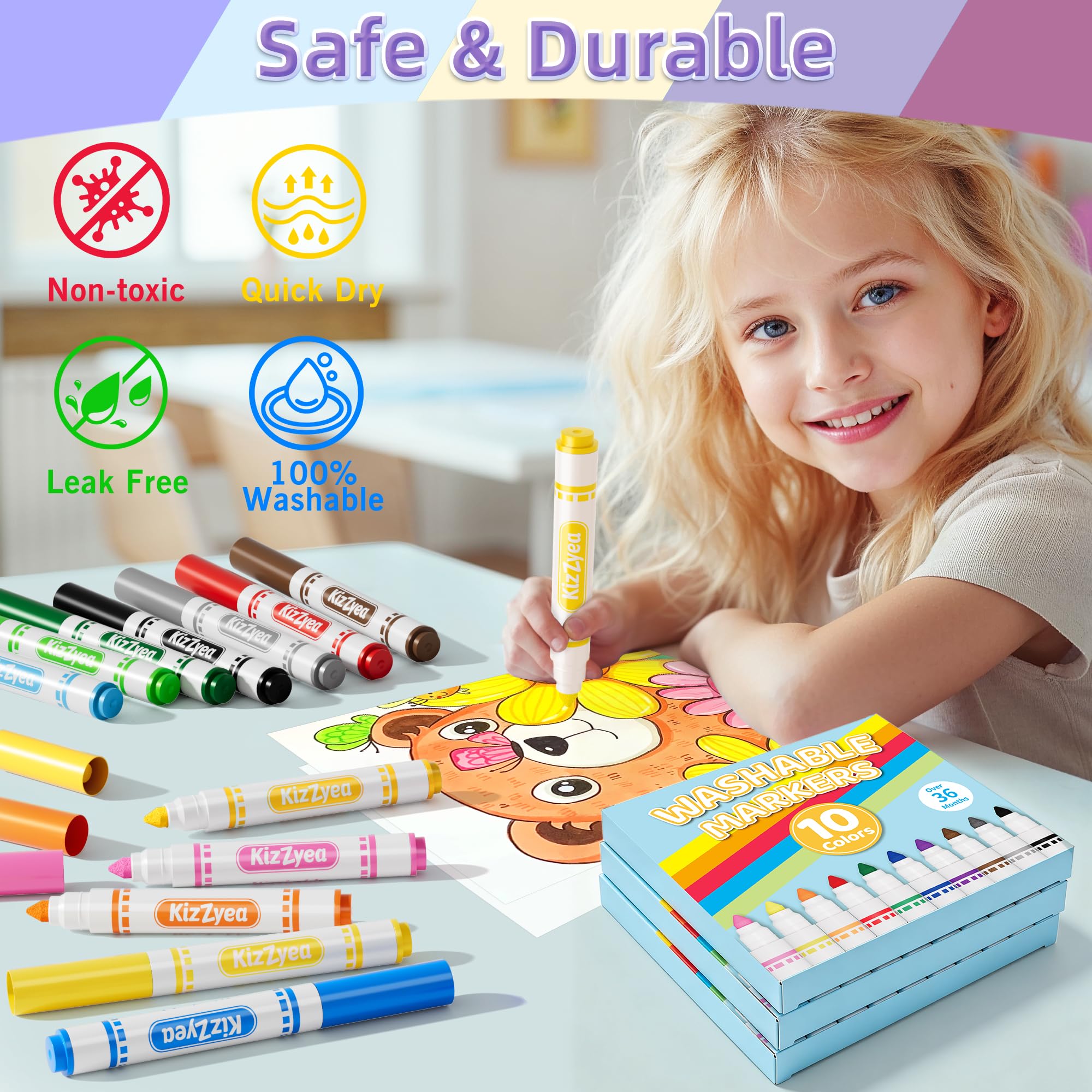 Abwaschbare Marker für Kinder, 10 verschiedene Farben, 24 Schachteln, 240 Stück | 24 Boxen, waschbare Malmarker, Künstlerbedarf, Klassenzimmer-Gruppenaktivitäten, Schulanfang, breit und fein