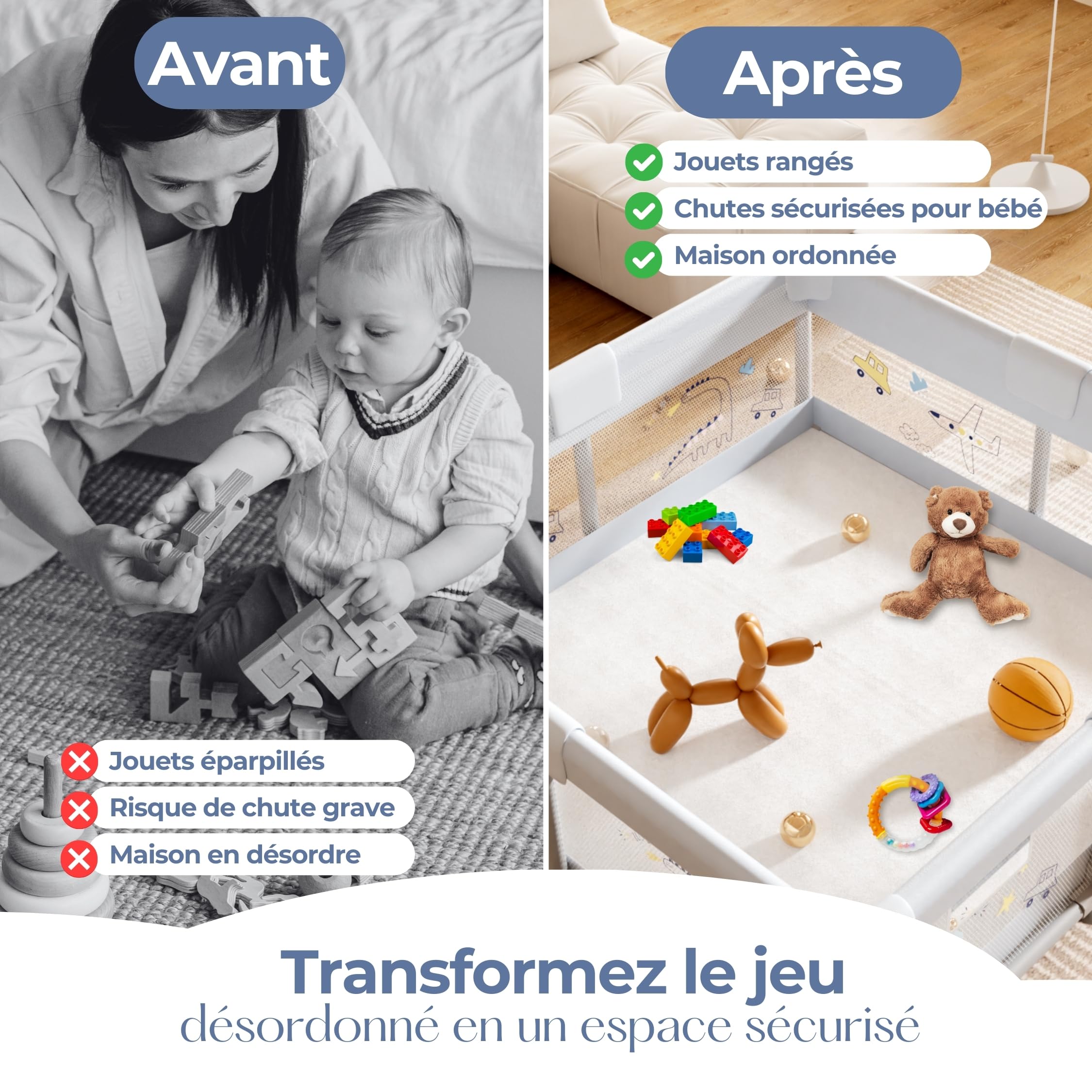 PARVULI Parc Bebe 120x120 cm - Enclos pour Bébé avec 6 Poignées et Tapis de Jeu Rembourré - Parc pour Bebe Pliable pour la Maison avec Maille Respirante et Barrières Protégées