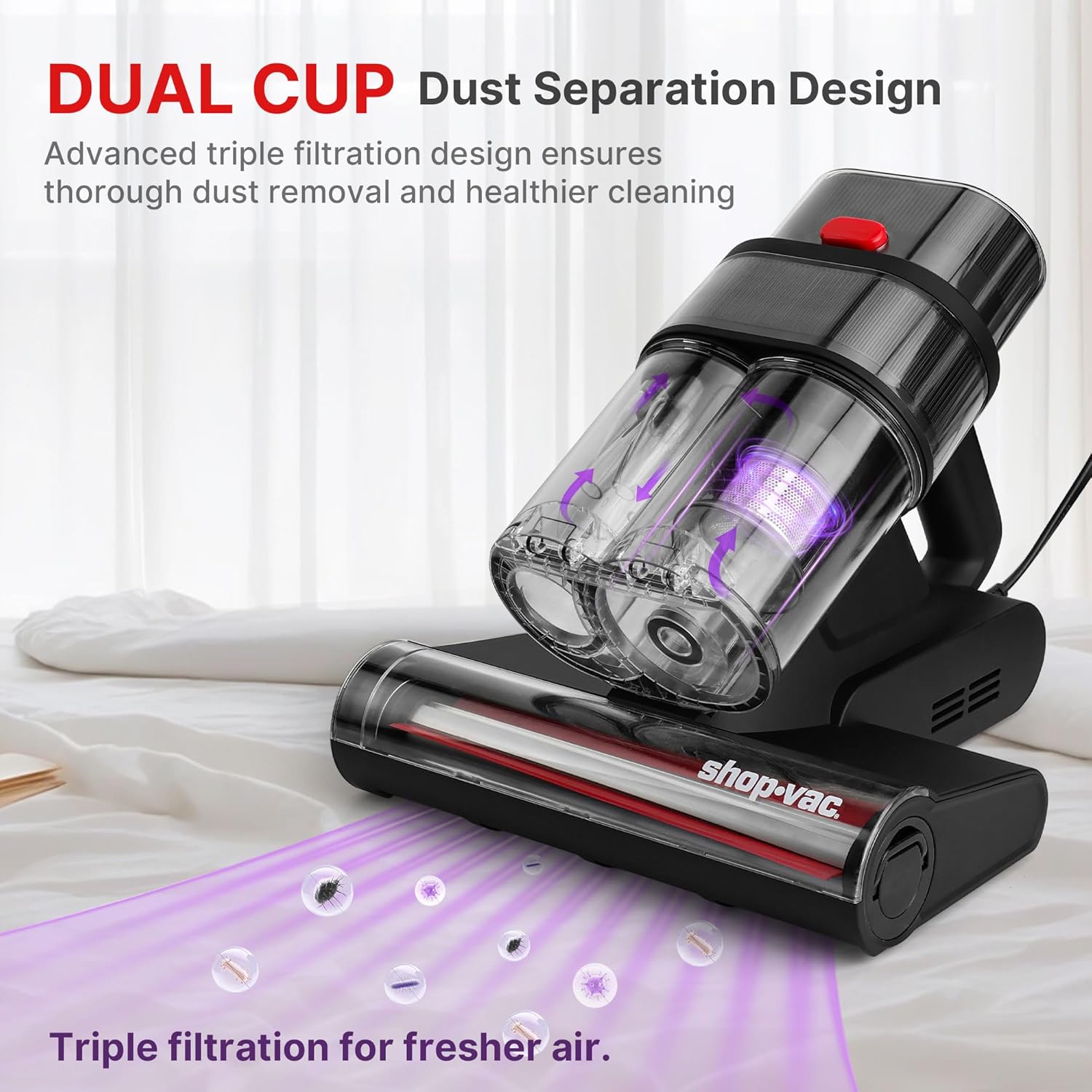 Shop-Vac Mattress Vacuum Cleaner, 14KPa Powerful Bed Vacuum with 253.7nm UV-C Light, 36960 RPM/Min Tapping, HEPA Filter & Ultrasonic, Dual Cup Filtration, for Bed, Sofa, Couch, 400...