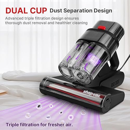 Miniatura 4 de Shop-Vac Aspiradora de colchón, potente aspiradora de cama de 14 KPa con luz UV-C de 253.7 nm, 36960 RPMmin de roscado, filtro HEPA y ultrasónico,
