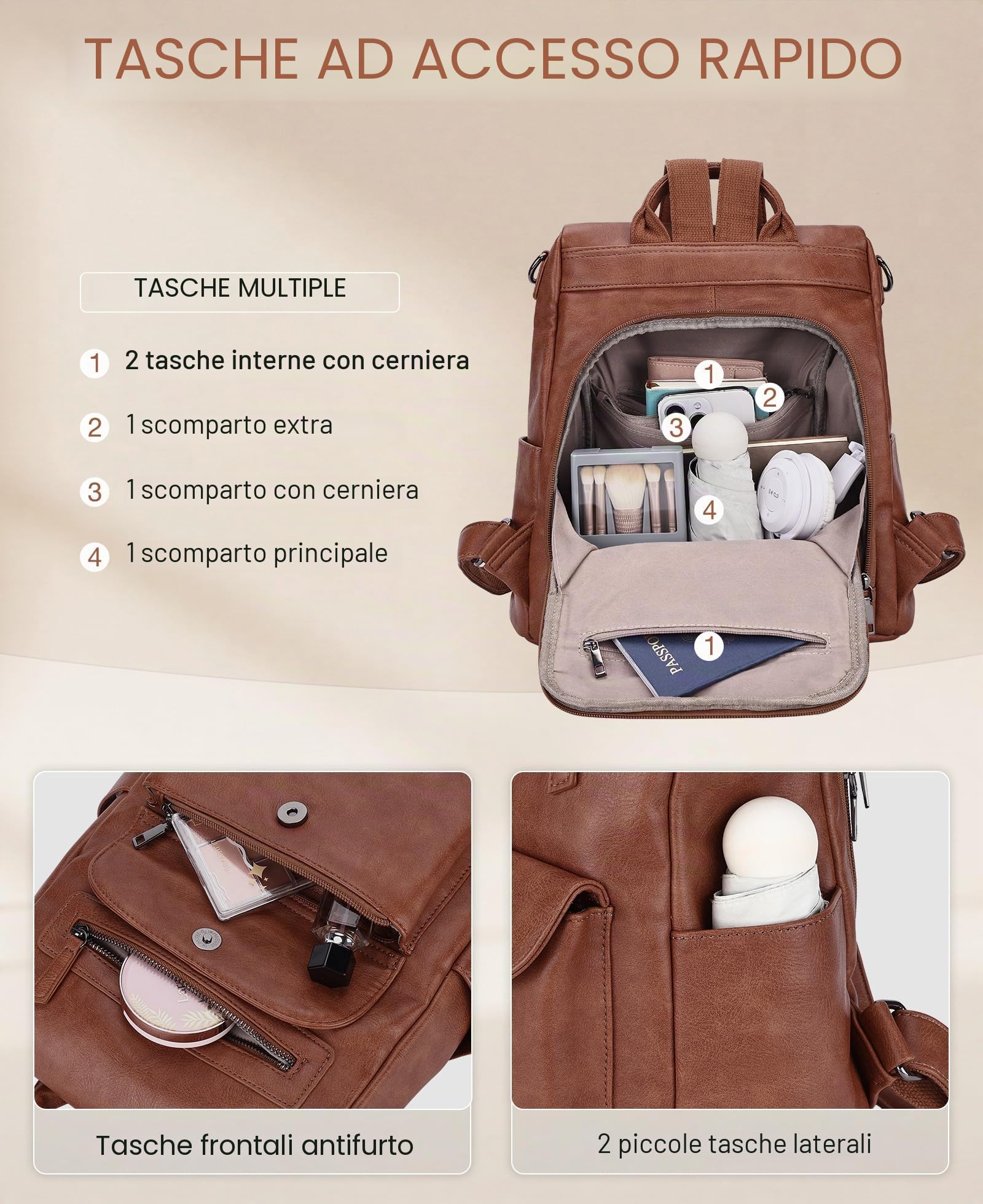 VX VONXURY Zaino Borsa da Donna, Zaino da Viaggio Antifurto in Ecopelle per Ragazze Zaino per il Lavoro Scolastico