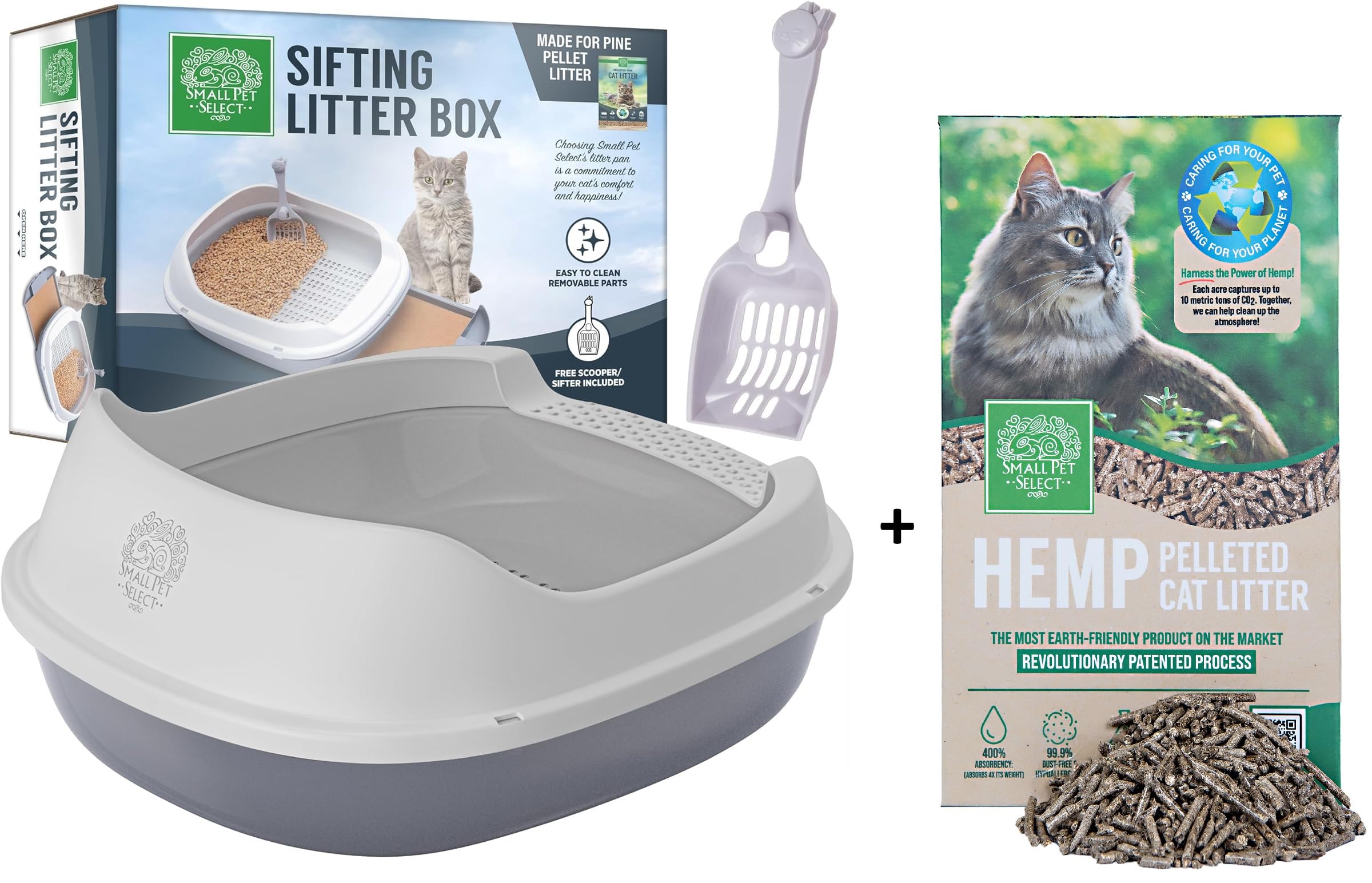 small pet select- sifting cat litter box and 8lb hemp pellets combo, with 5 free pee pads and free litter scoop, premium system for cats, tidy and easy to clean
