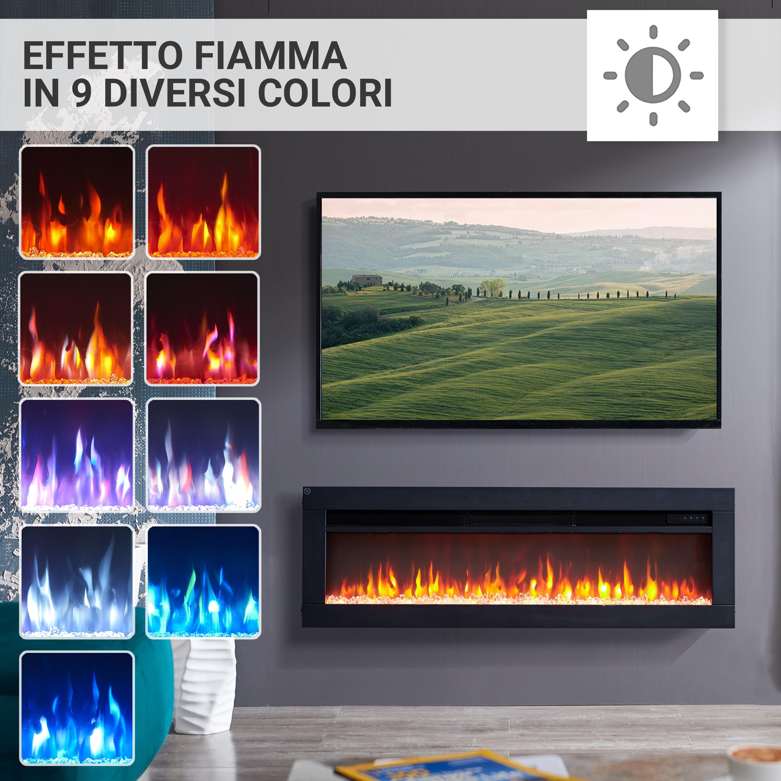 BALDERIA camino elettrico Agnes 40" | Camino da incasso con una potenza termica di 2000 W | Effetto fiamma 3D | Camino a inserto con telecomando, timer, termostato | Nero