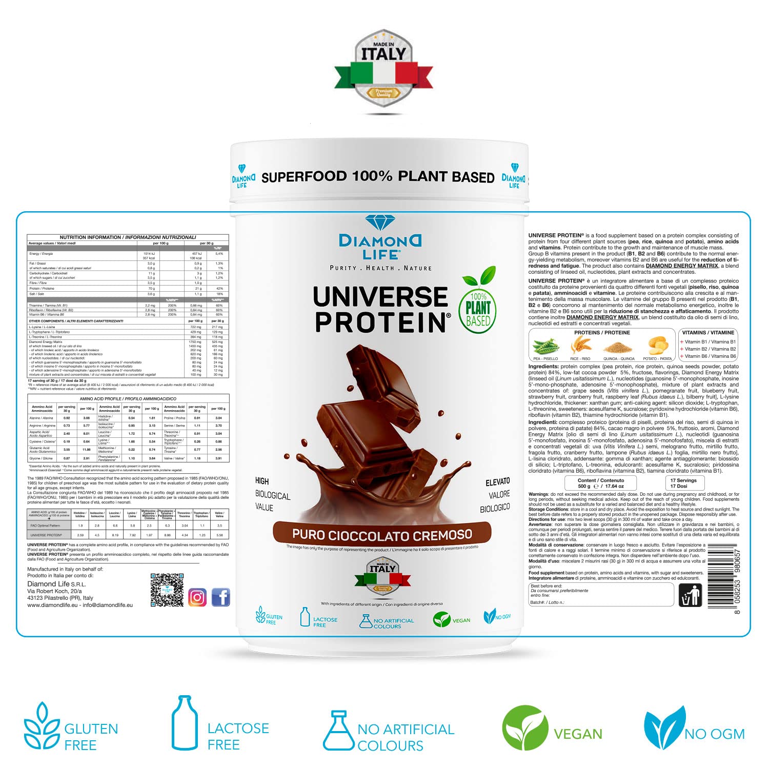 DIAMOND UNIVERSE PROTEIN - Proteine in Polvere Vegane (Pisello, Riso e Quinoa) 70% di Proteine ad Alto Assorbimento per Sforzo Fisico, Resistenza e Mass Gainer | Gluten Free
