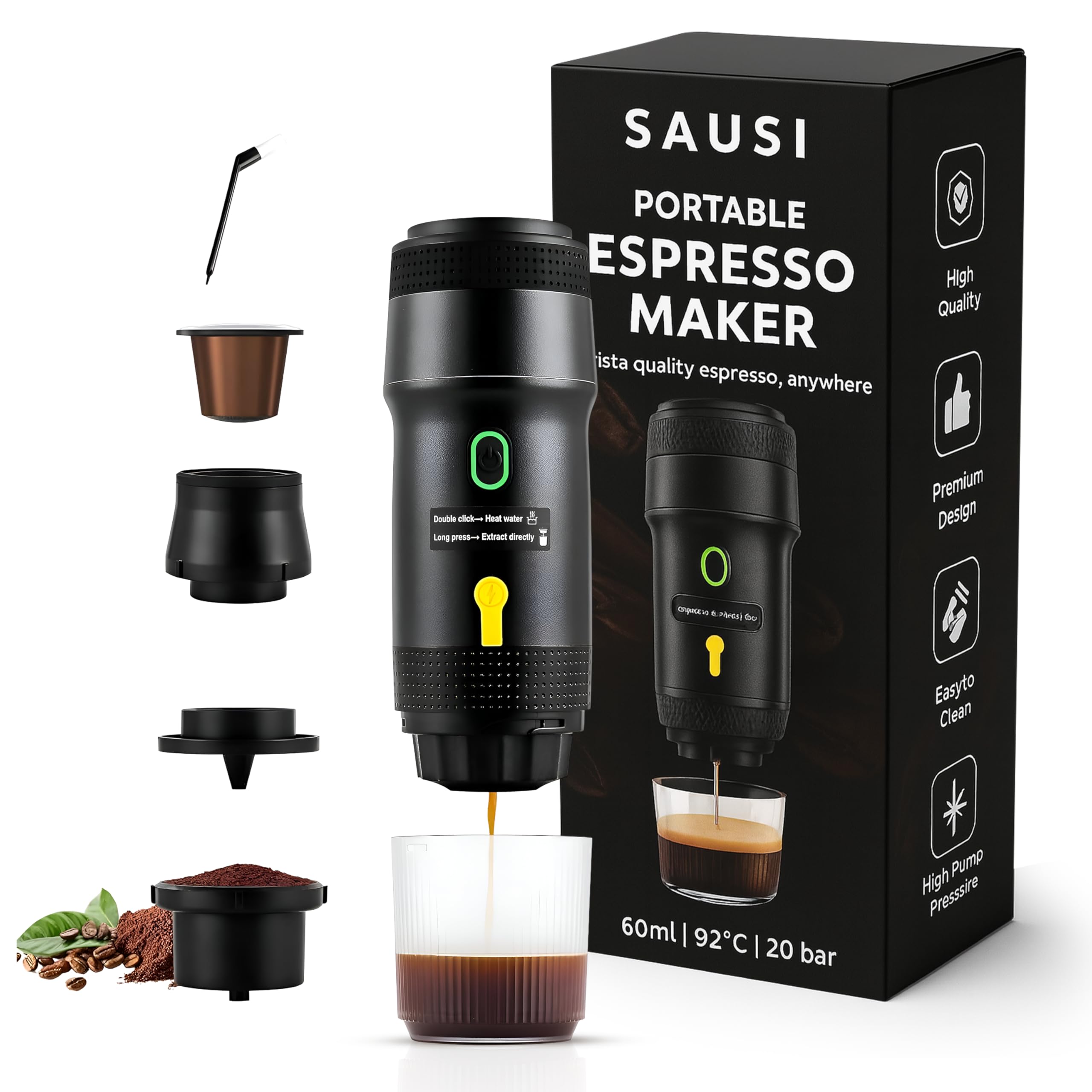 SAUSI Cafetera Portatil 3 en 1 - Batería USB Recargable con Limpiador, Compatible con Cápsulas Nespresso, Dolce Gusto y Café Molido - Ideal para Coche, Oficina, Viajes y Camping