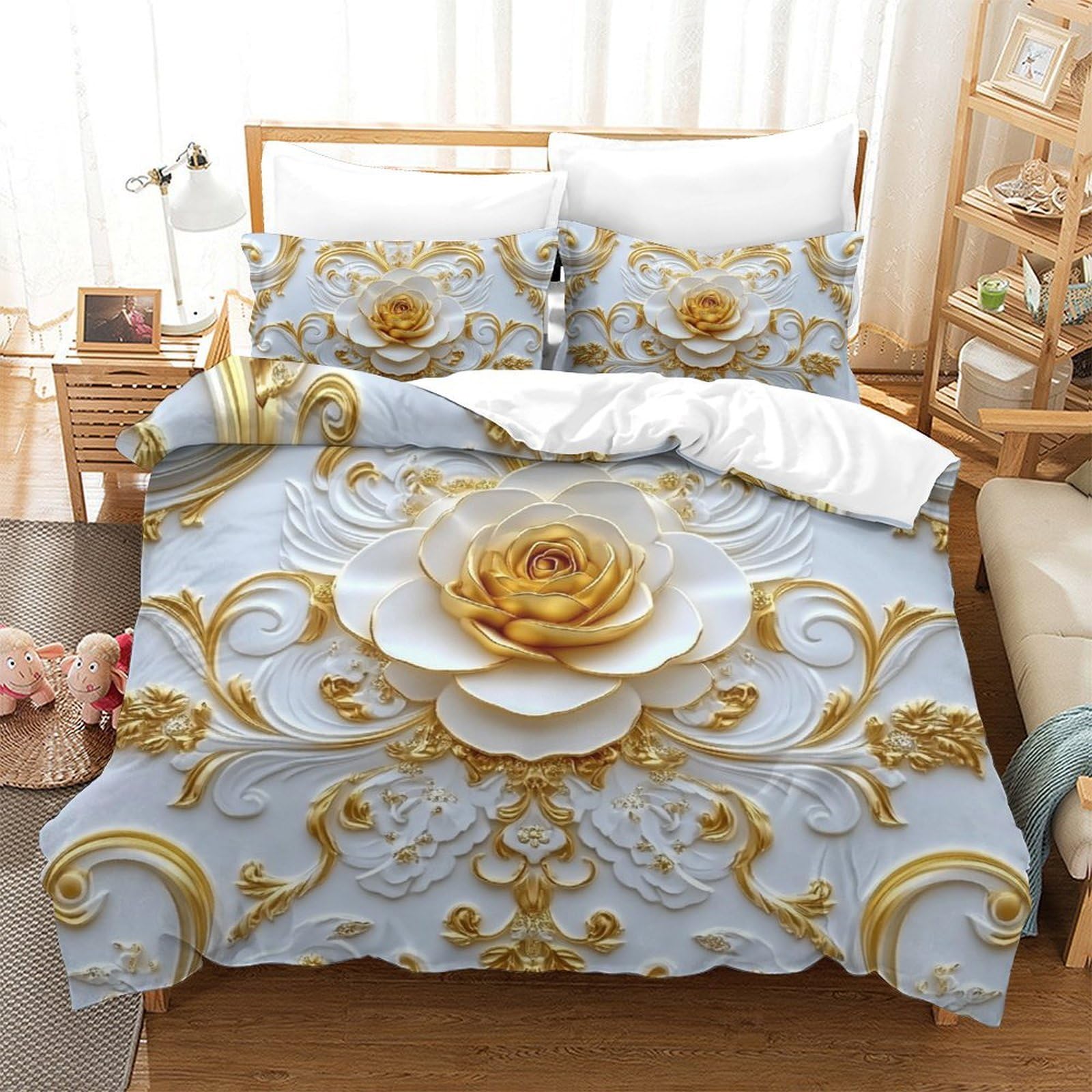 GXYUAOIEF Gold-white 3D Rose Duvet Cover 3-Piece 3D Printed Acanthus Scrolls Microfibre Bedding with 2 Pillow Cases Hidden Zipper For Girls Teens Double（200x200cm）