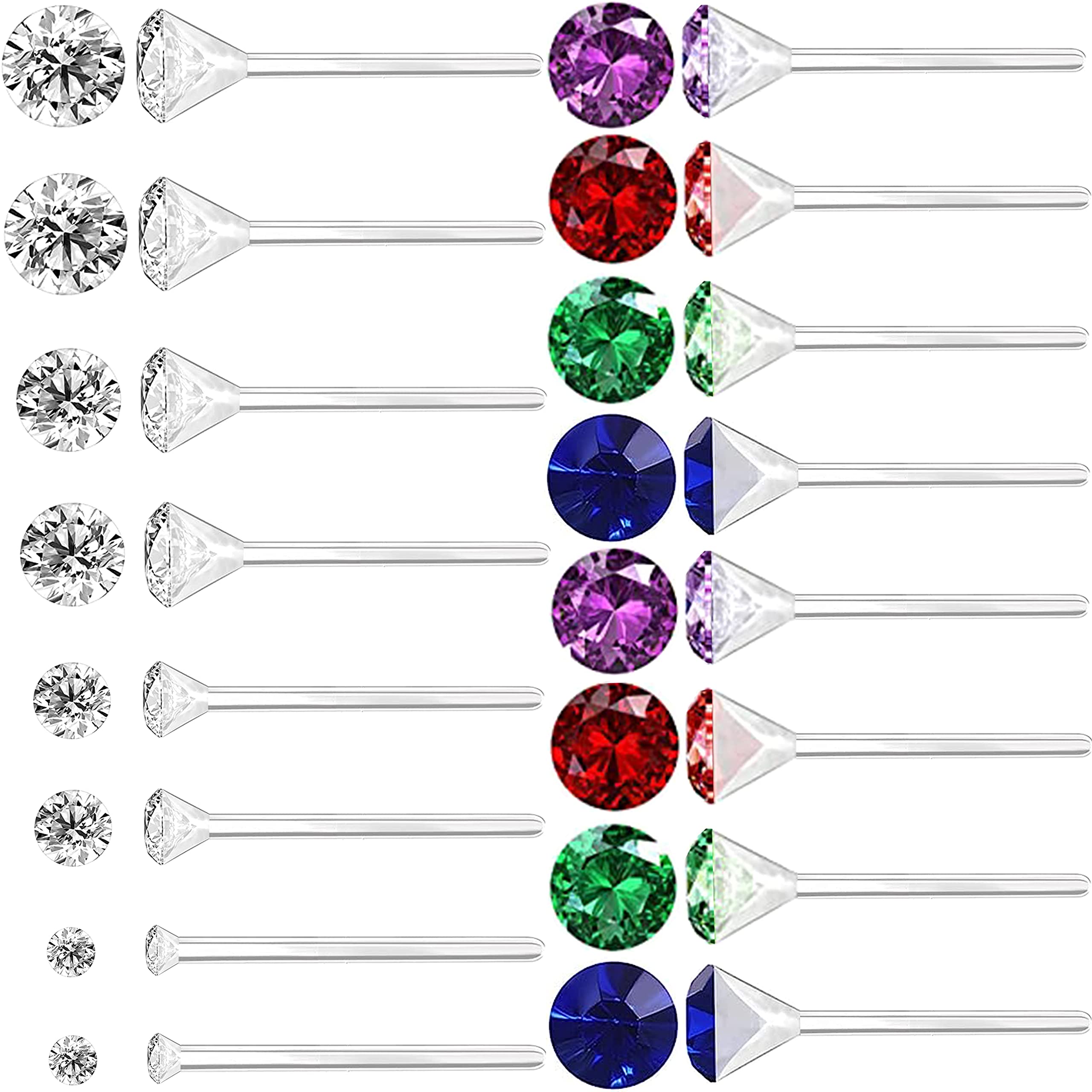 8 Pairs Anti Allergy Plastic Earrings for Sensitive Ears, Include 8 Pairs Silicone Soft earring backs, Plastic Post Earrings for Women, Birthstone Cubic Zirconia Stud Earrings Kit 2mm 3mm 4mm 5mm in one Set
