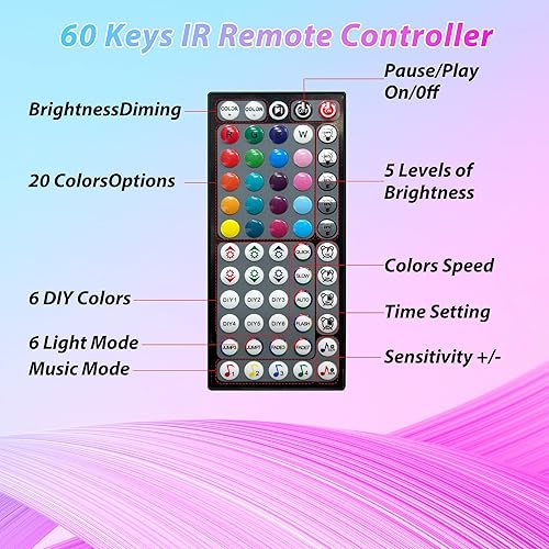 Miniatura 6 de Luces LED para dormitorio, sincronización de música de 50 pies, tira de luces LED que cambian de color con control remoto de 60 teclas y control de