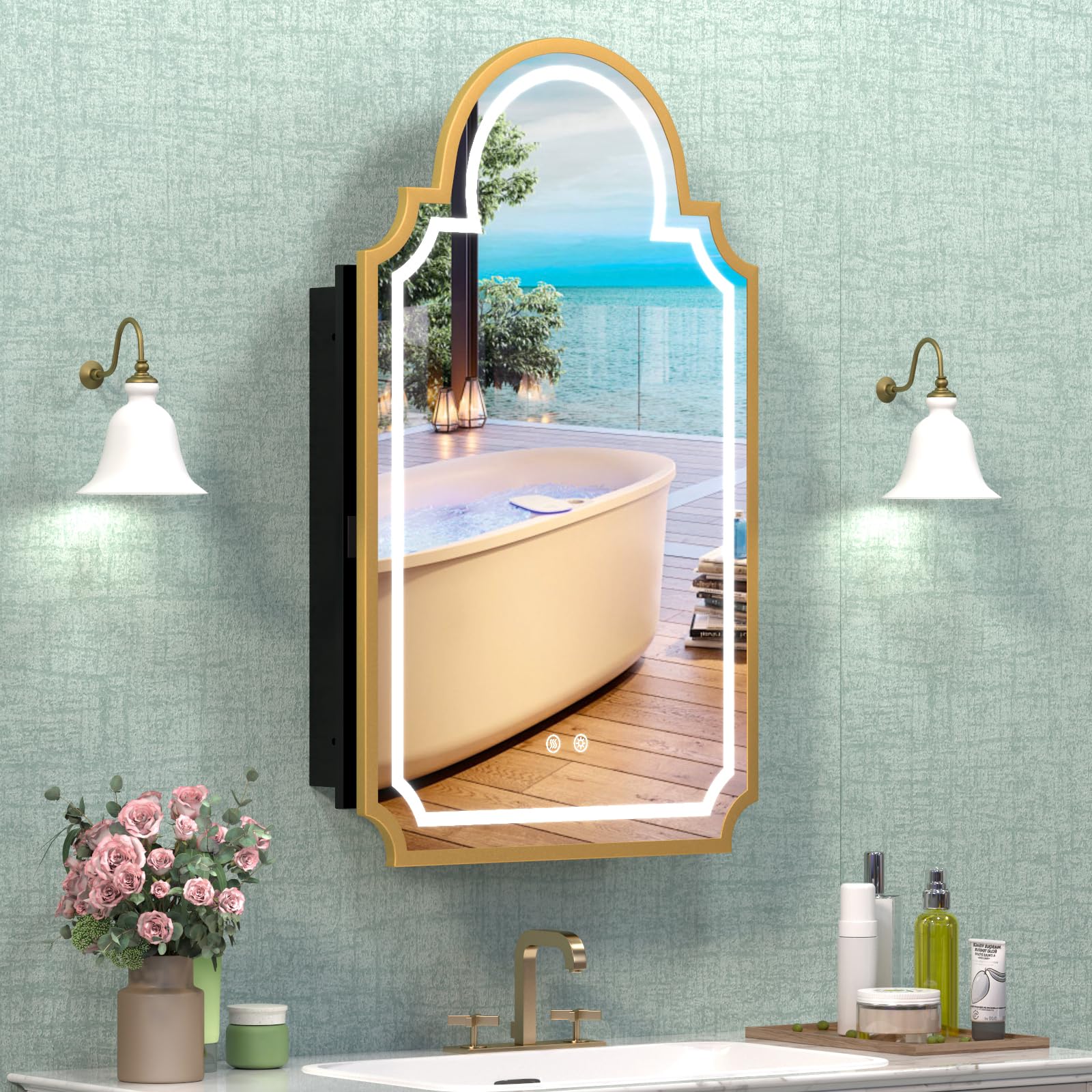 Photo 1 of viechanro 20"x32" LED Medicine Cabinet with Mirror, Bling Gold