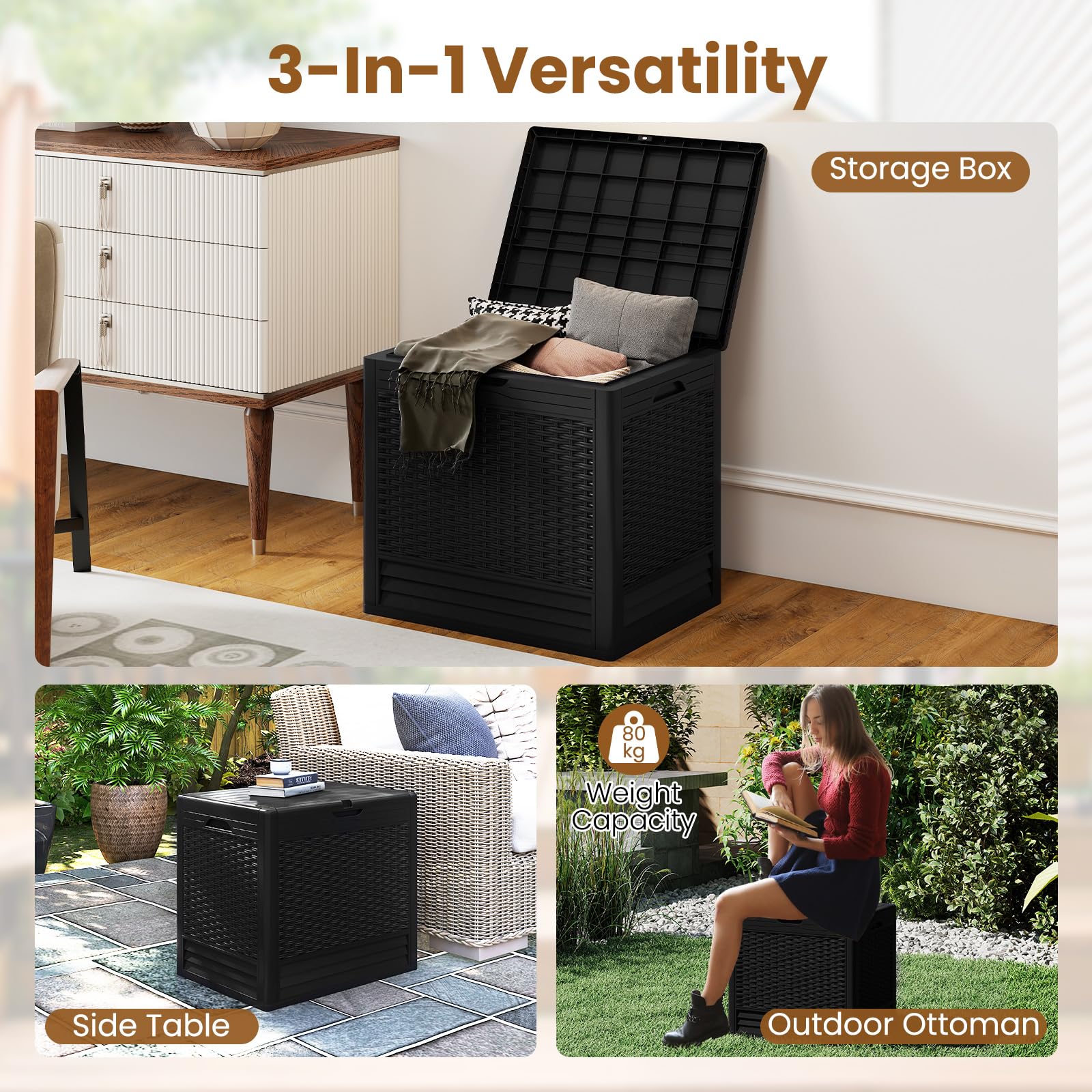 GIANTEX 96L Gartenbox, wasserdichte Auflagenbox für In- & Outdoor, abschließbarer Aufbewahrungsbox Rattanoptik, Kissenbox für Paketlieferung, Poolzubehör & Gartengeräte (Schwarz)