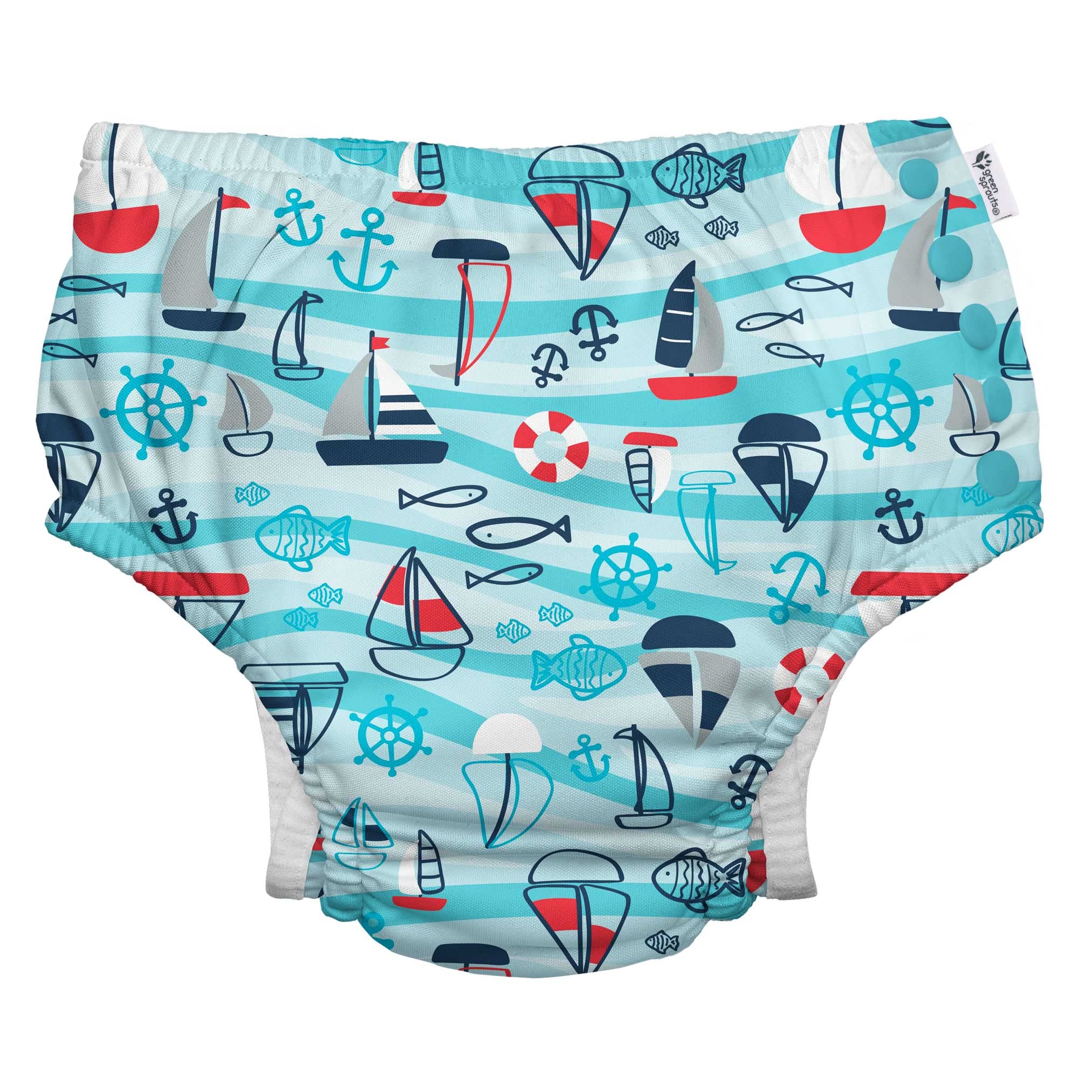 i play. by green sprouts Reusable, Eco Snap Swim Diaper with Gussets, UPF 50, 6 mo, Aqua Wavy Nautical, Patented Design, STANDARD 100 by OEKO-TEX® Certified