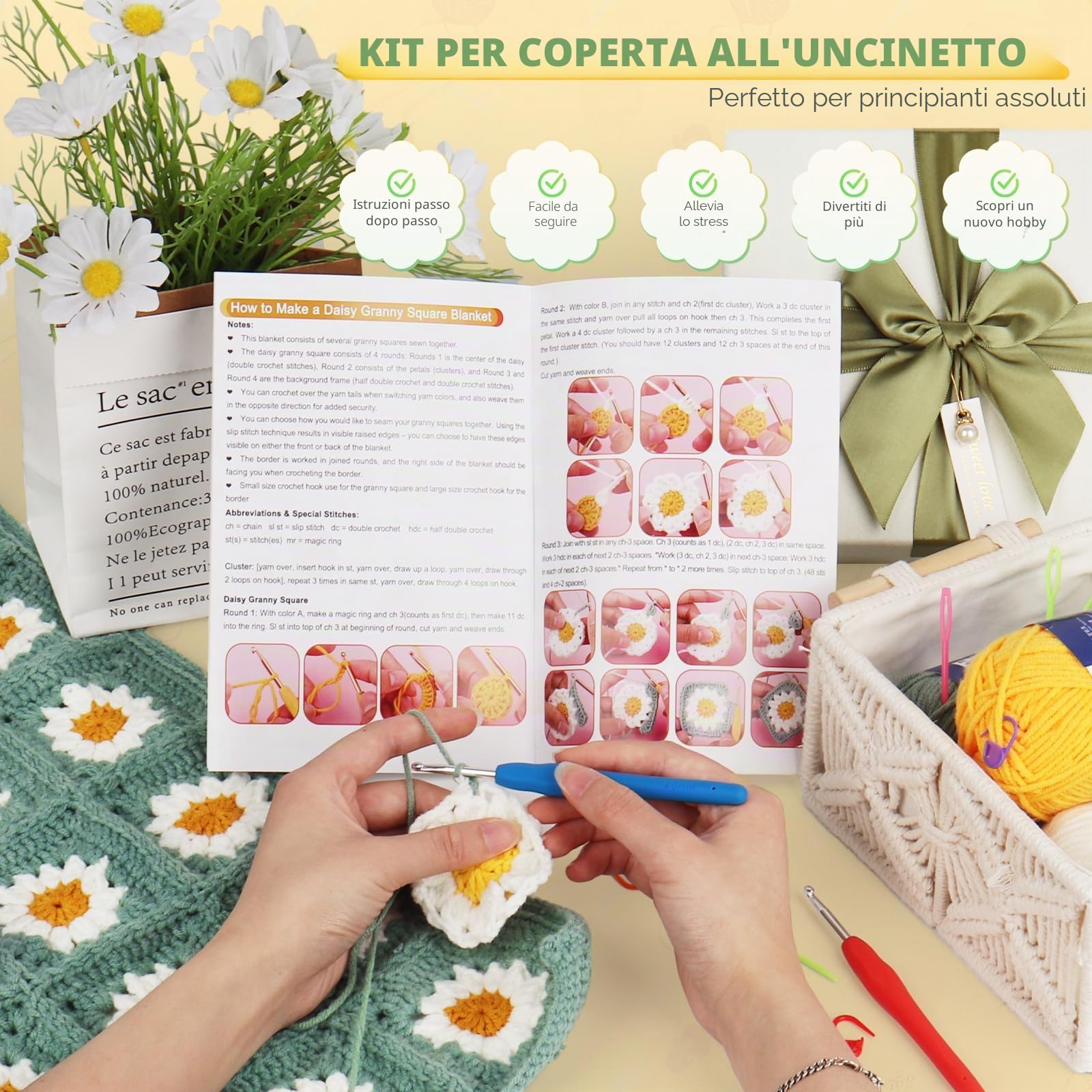 Kit di uncinetto Aeelike, kit per coperta all'uncinetto, kit completi di avviamento all'uncinetto per principianti e adulti con libro di istruzioni passo dopo passo, filo e accessori, kit per coperta