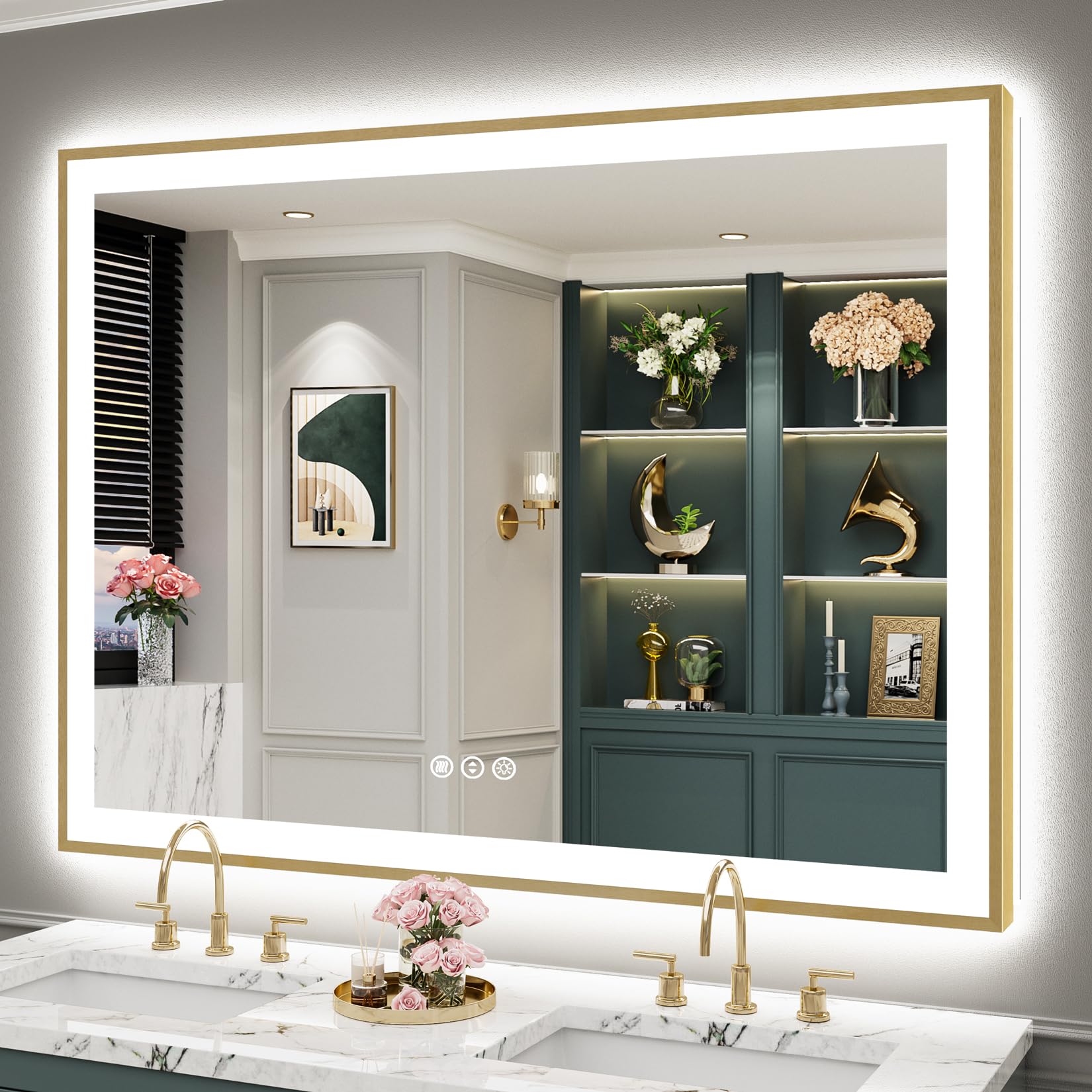AWANDEE 55x40 Inch Gold Framed LED Bathroom Mirror with Lights, Backlit & Front Lit Anti-Fog Gold Frame Lighted Vanity Mirrors for Bathroom Wall,
