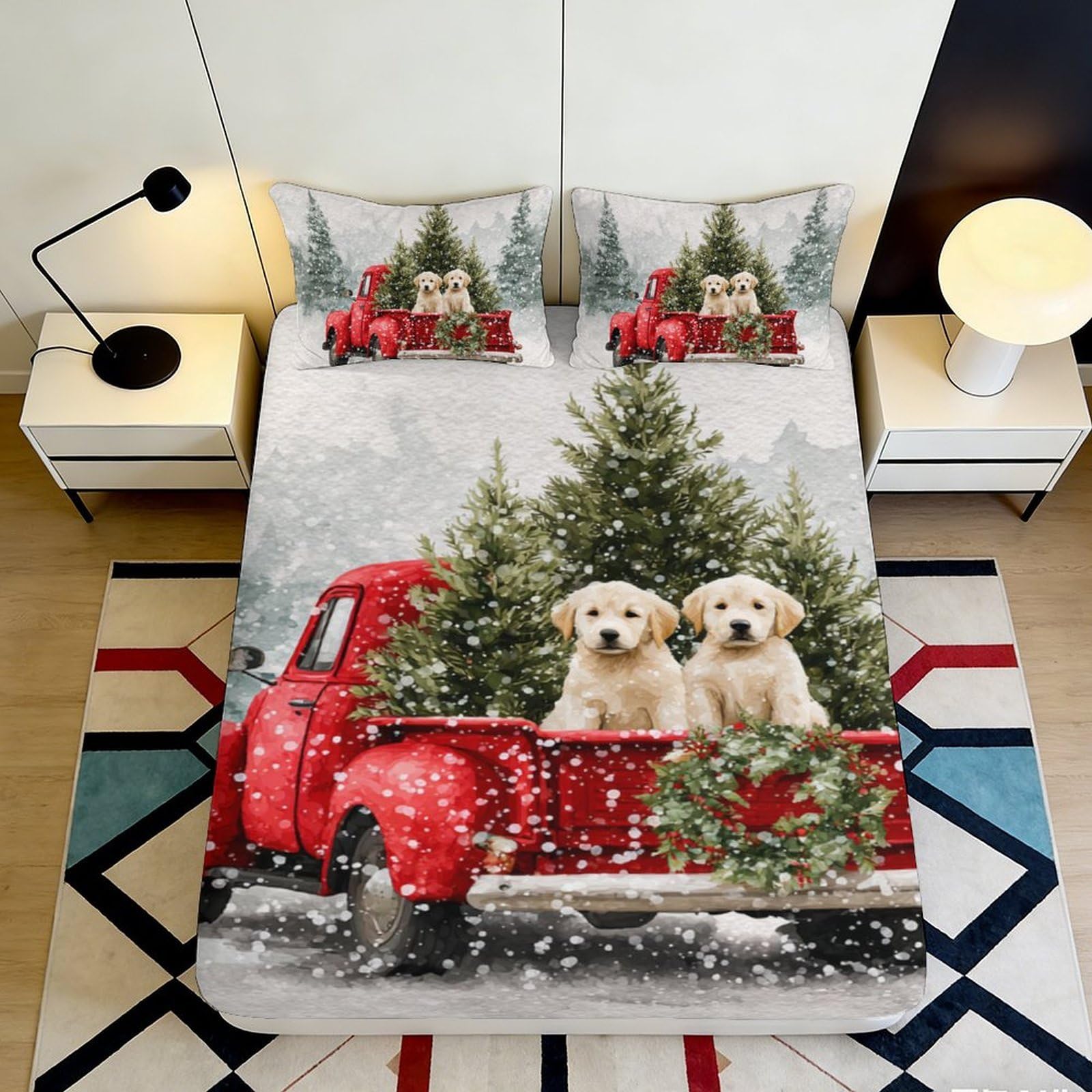 3D Printed Christmas Red Truck Fitted Sheet Microfiber Soft Dog Pine Tree Bed Cover for Bedroom Dorm Decor 90x200x25cm