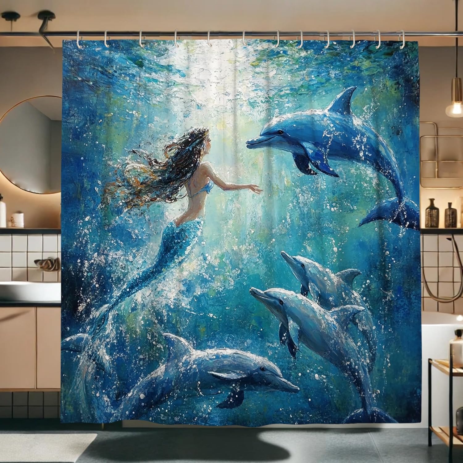 Mermaid Shower Curtain, Underwater Blue Green Dolphin Shower Curtain for Bathroom Decor, Summer Ocean Theme Waterproof Fabric Shower Curtain Set with Hooks 62x72 Inch