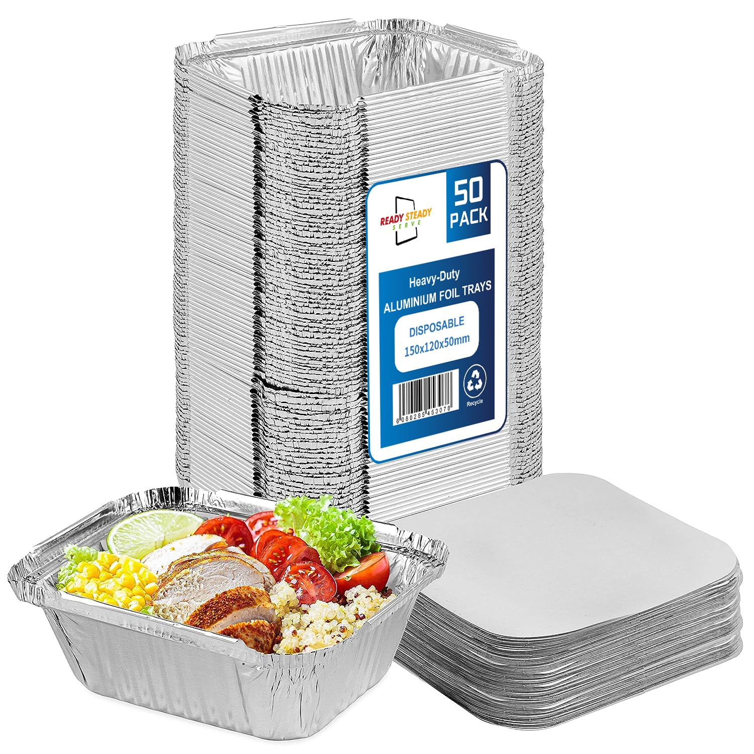 ReadySteadyServe Pack of 50 Aluminium Tin Foil Food Trays with Lids | No.2 | Silver Takeout Container Pans 145 x 120 x 45 mm Takeaway, Sides, BBQ, Events, Parties โ image 1