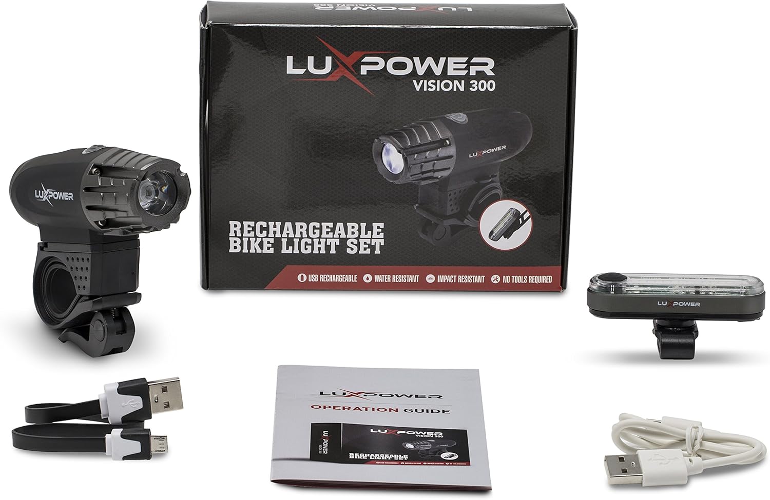 Contents of the LuxPower Bike Light Set package, including the headlight, taillight, two USB cables, and the user manual, all laid out next to the product box.