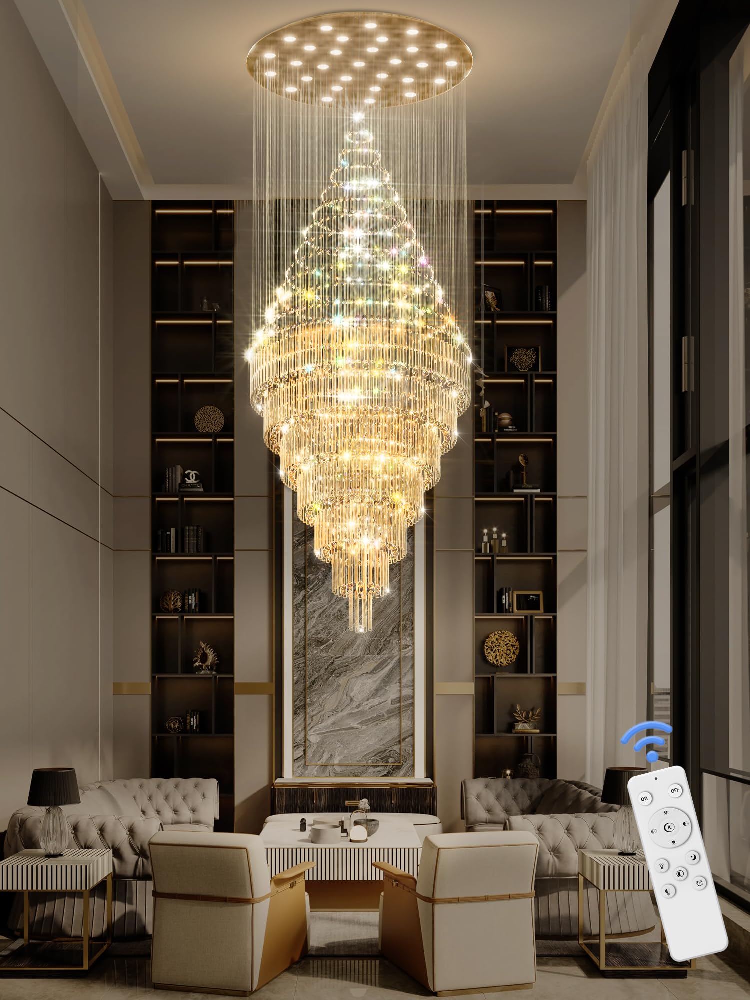 Flashing God D59''X H120'' Extra Large Chandeliers for High Ceilings Crystal Raindrop Gold Chandeliers Large Villa Chandelier Entrance Foyer Ceiling Light LED Dimmable 2700K-6000K 30 led Bulbs Include