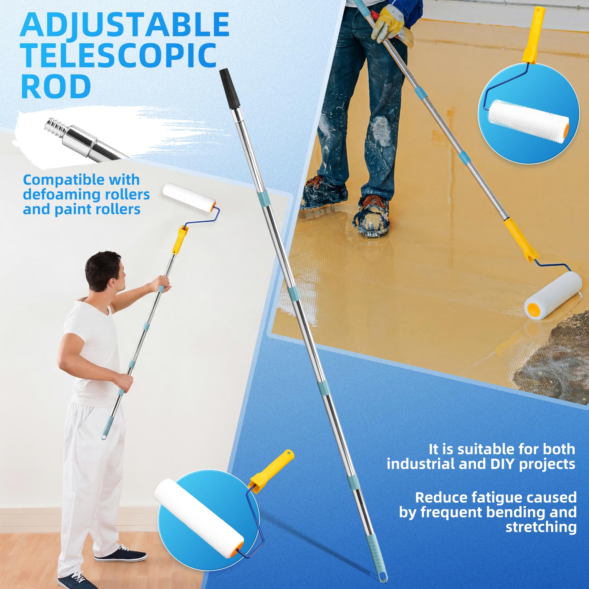 kit de Herramientas de Autonivelación de Cemento, Rodillo de Púas Autonivelante 23 cm 2 Rodillo Pintura 23 cm Puntas de Pisos Palo Telescopico Limpieza 1,5 m, Mortero Autonivelante