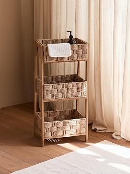 3-Tier Floor Stand with Storage Baskets, Woven Storage Shelf with Wooden Frame, Rustic Organizer Rack, Storage Rack for Kitchen, Bathroom, Living RoomOrange