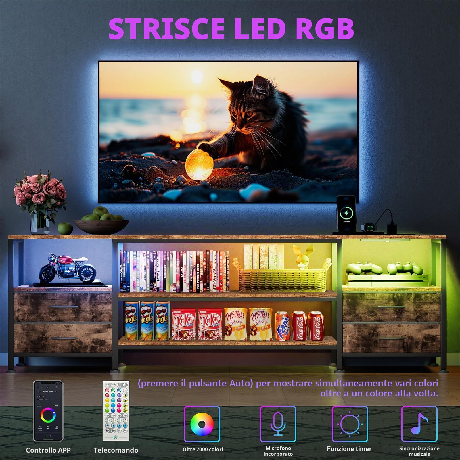 Mobile TV Legno, Mobile Porta TV con Presa e Striscia Luminosa a LED, Cassettiera in Tessuto con 4 Cassetti e 4 Ripiani Aperti,160x40x63 cm