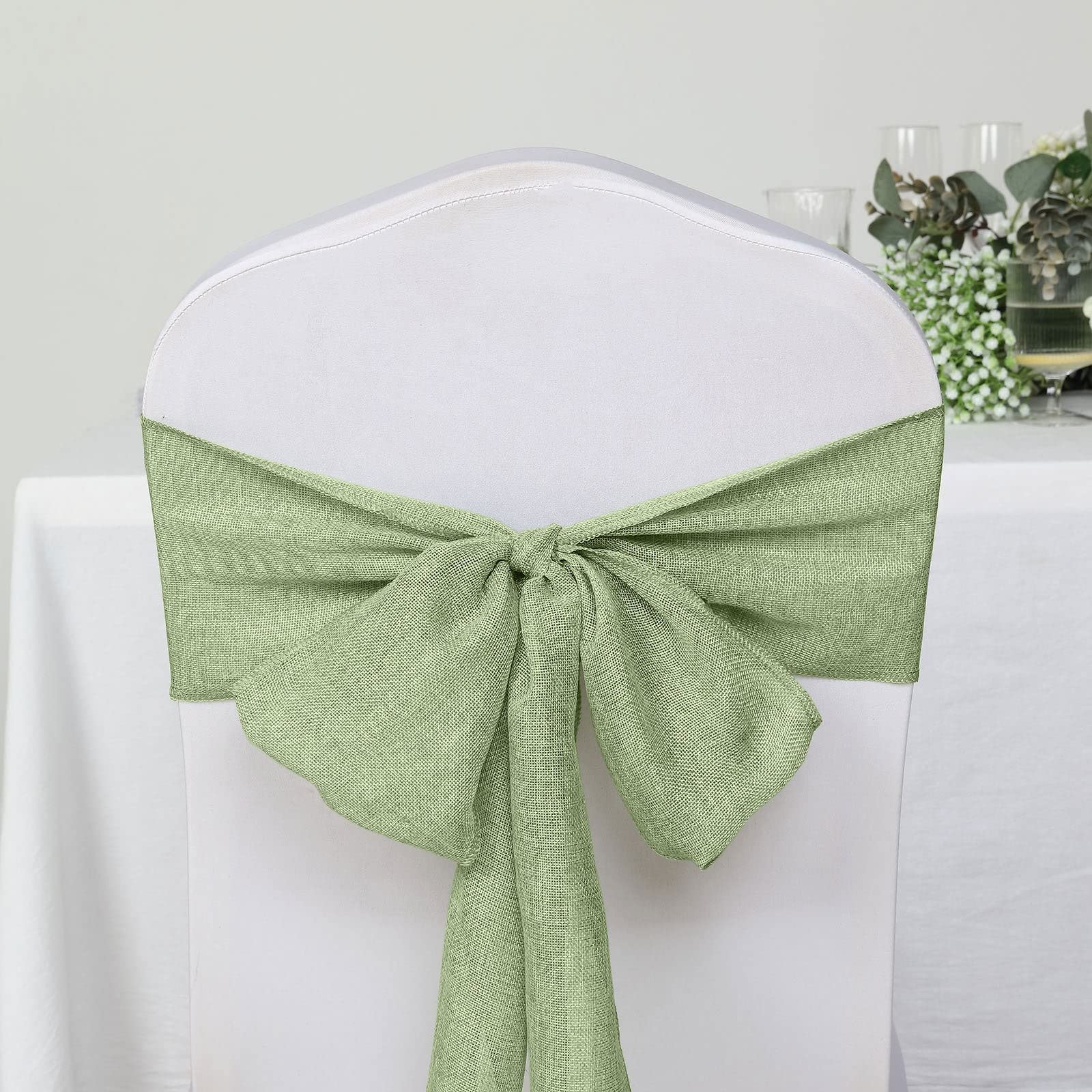 Tableclothsfactory 5 Pack | Sage Green Jute Faux Burlap Chair Sashes, Boho Chic Linen Decor - 6
