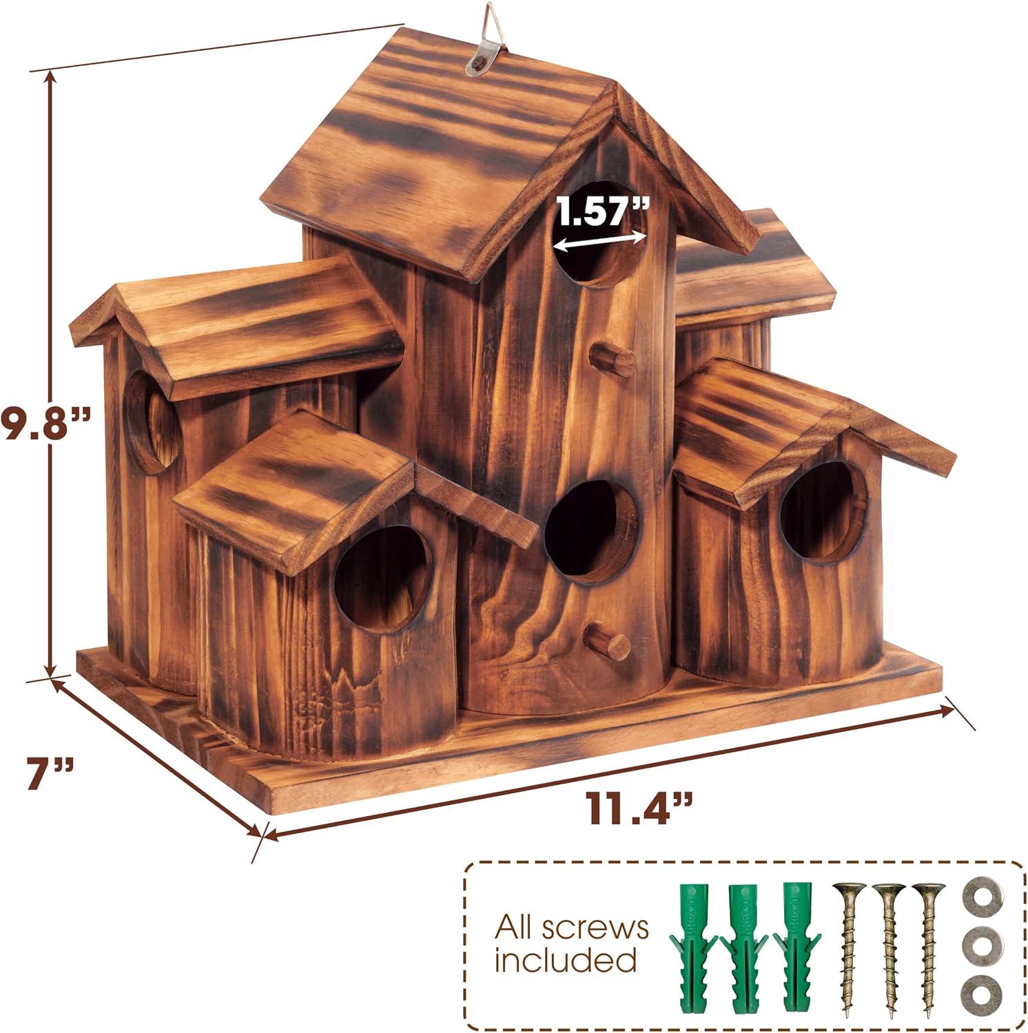 MIXUMON Wooden Bird Houses for Outside – 6 Rooms Multi-Chamber Bird House, Carbonized Pine Rustic Finish, 1.57" Entrance Holes, Cleaning Doors for Each Room, Decorative Outdoor Bird Nesting Box