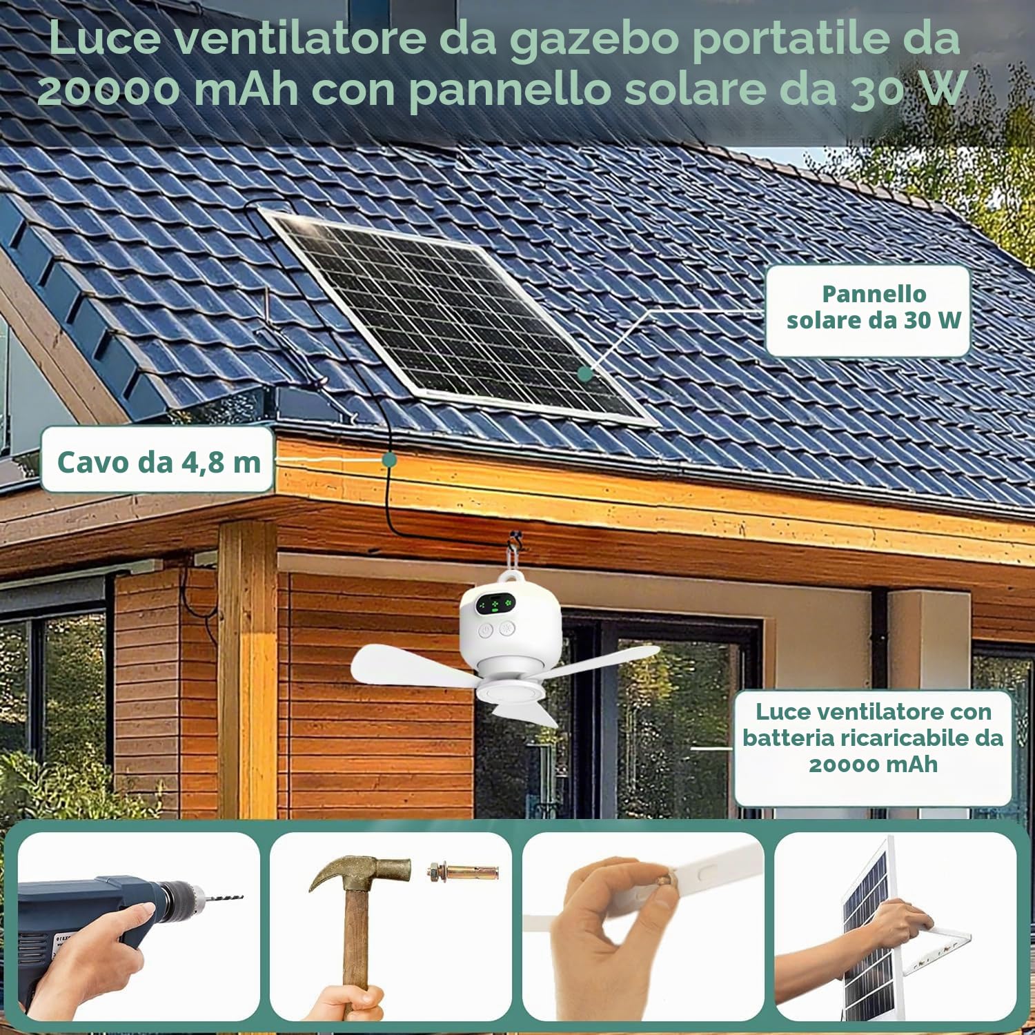 Ventilatore a Batteria con Luce a Soffitto, Ventilatore a Soffitto Solare con Illuminazione, Ventilatore da Esterno con Luce a Soffitto, Gancio per Appendere, LED, Ventilatore con Luce Regolabile e