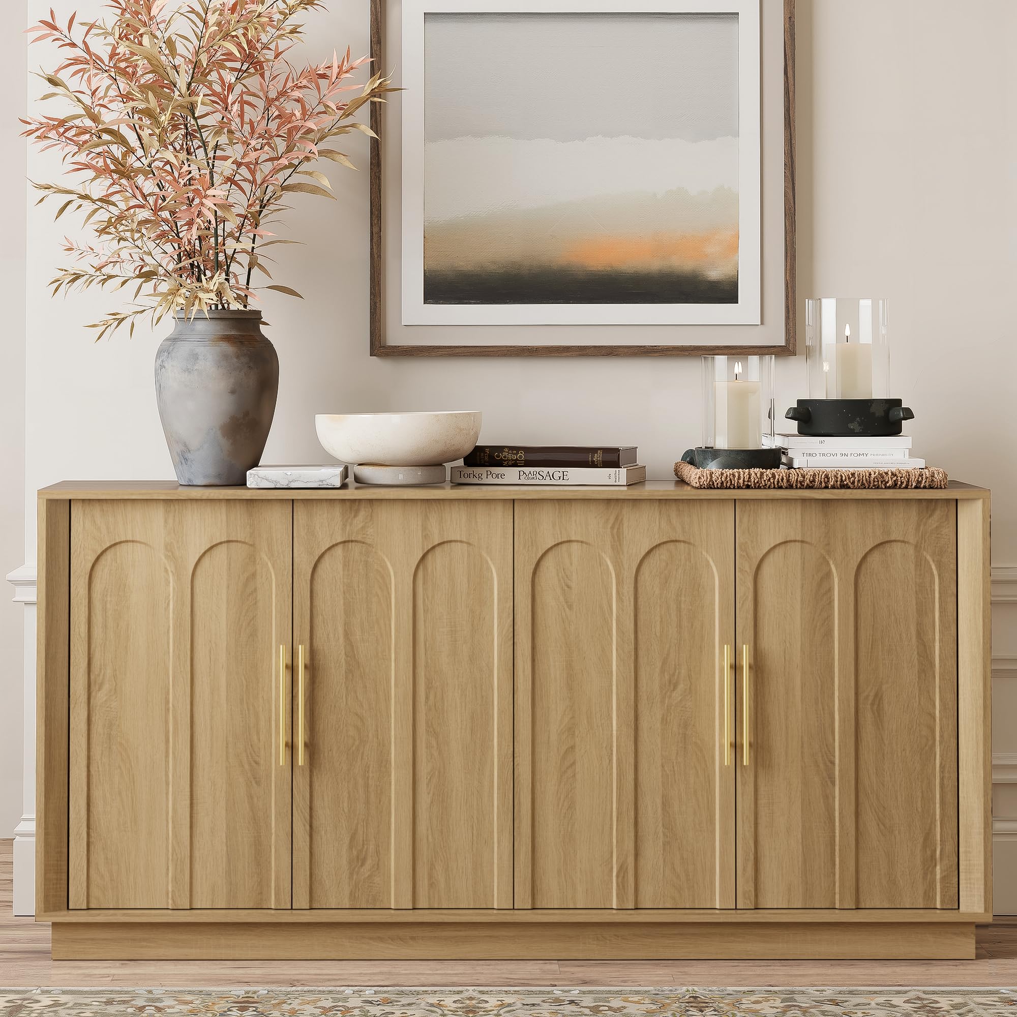 Sideboard Buffet Cabinet with Storage, Modern Accent Cabinet with Arched Doors, Boho Modular Media Console, 67" Large Minimalist Credenza for Living Room Kitchen Dining Room Entryway, Oak