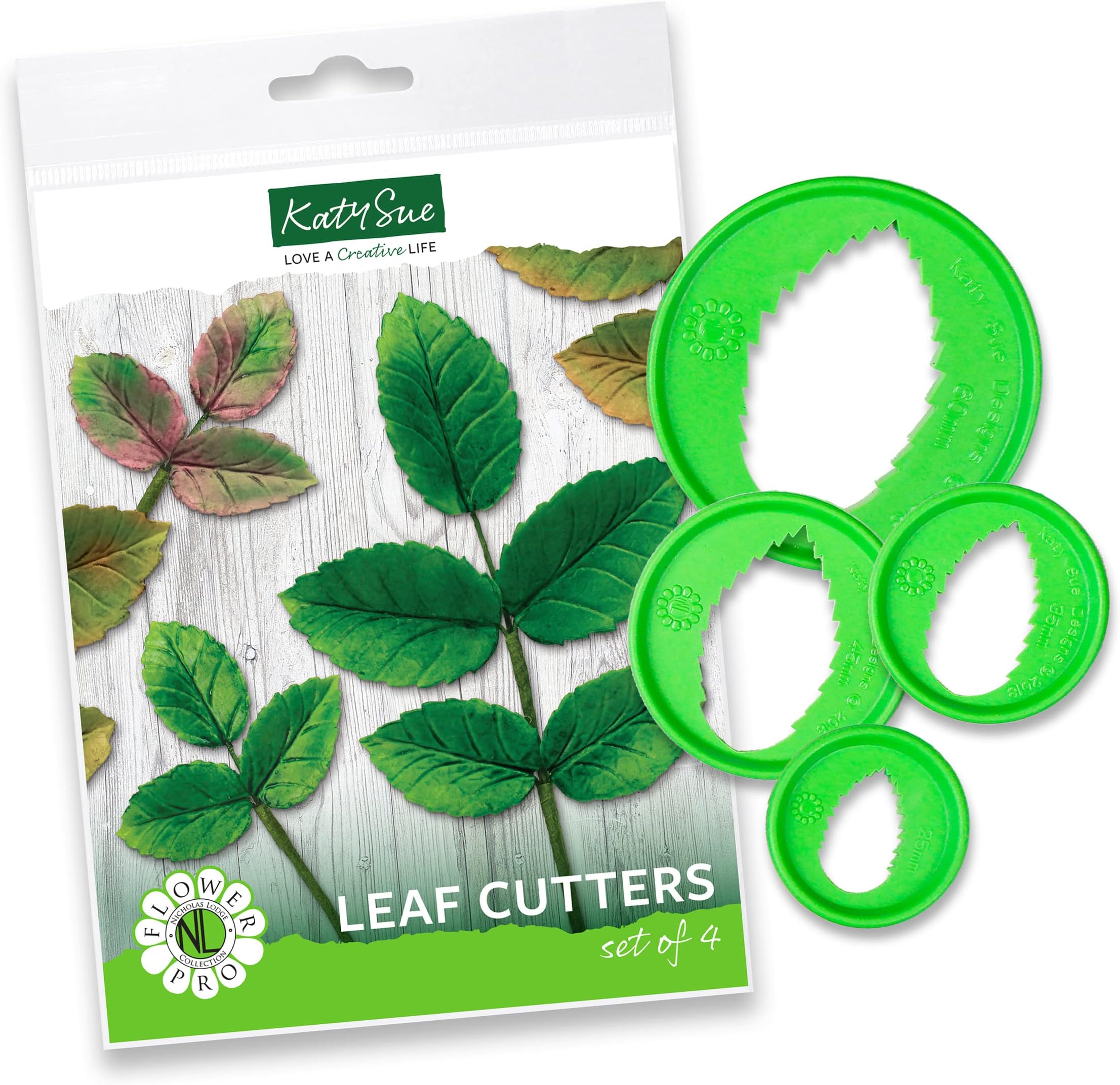 Flower Pro Cake Decorating Leaf Cutters (Set of 4) by Katy Sue - Cut Leaves to 4 Different Sizes: 1) 1 x 0.6 inch, 2) 1.4 x 0.8 inch, 3) 1.8 x 1 inch, 4) 2.4 x 1.6 inch.