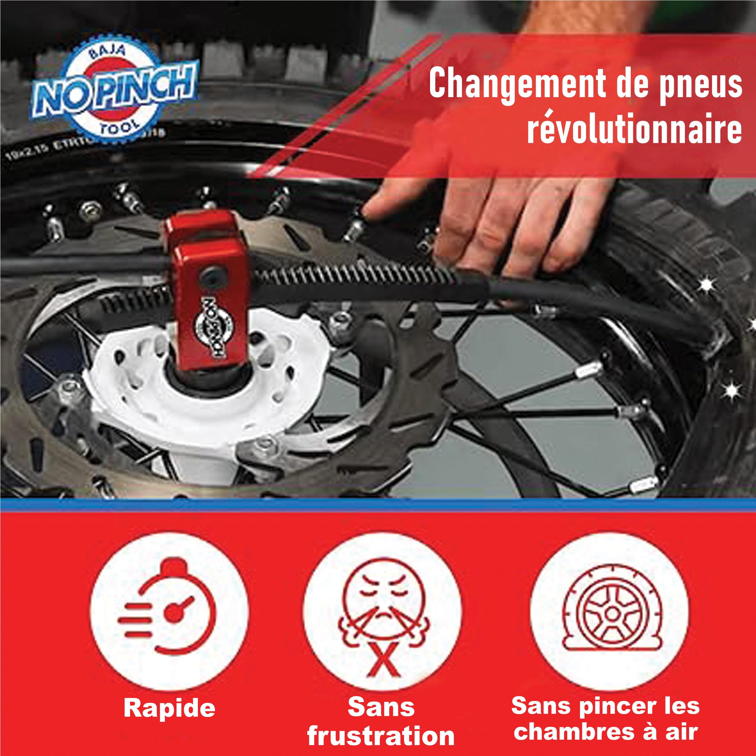 Baja No Pinch Minicross Kit Outils de changement de pneus de moto tout-terrain–Kit d'accessoires comprenant un mini poussoir, des axes de 10 mm et 12 mm pour un montage rapide des pneus–Pour 10" à 14"