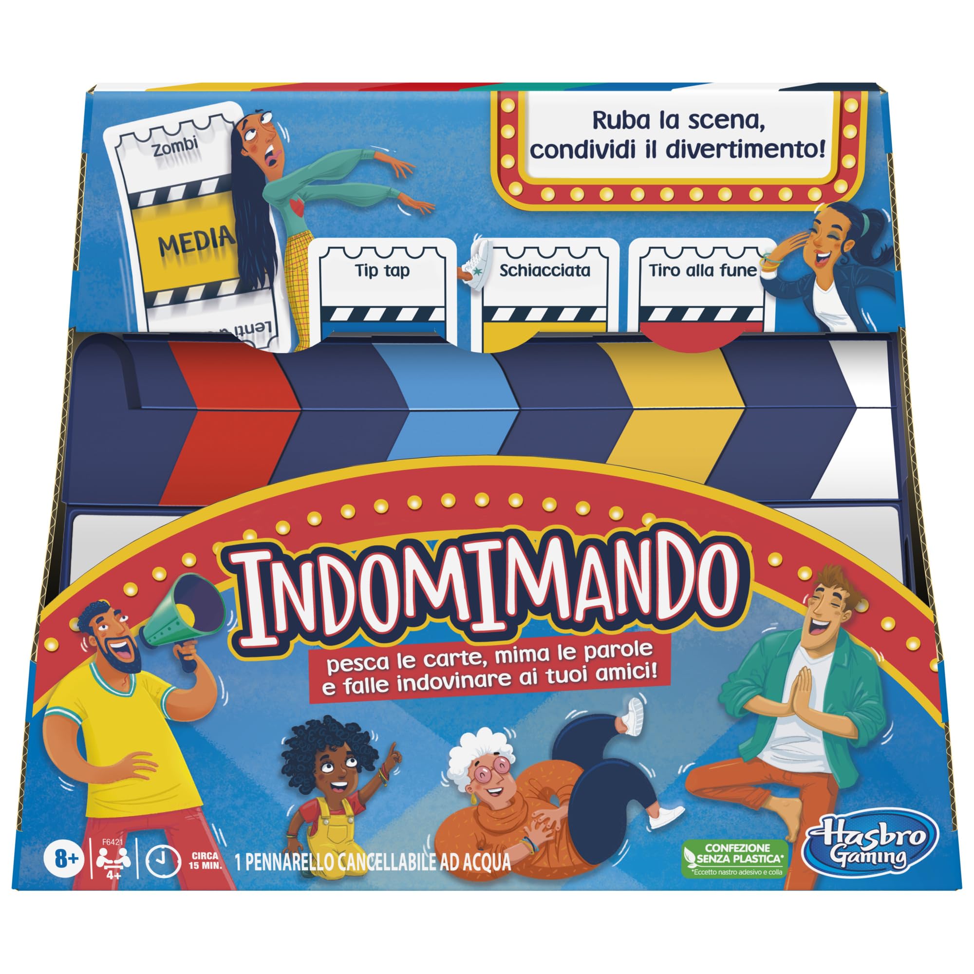 Hasbro Gaming Indomimando Gioco da Tavolo Dei Mimi, Gioco per Famiglie per 4 o più Giocatori con Carte Personalizzabili e Ciak, Gioco per Bambini e Bambine da 8 Anni in Su, Giocattolo Festivo