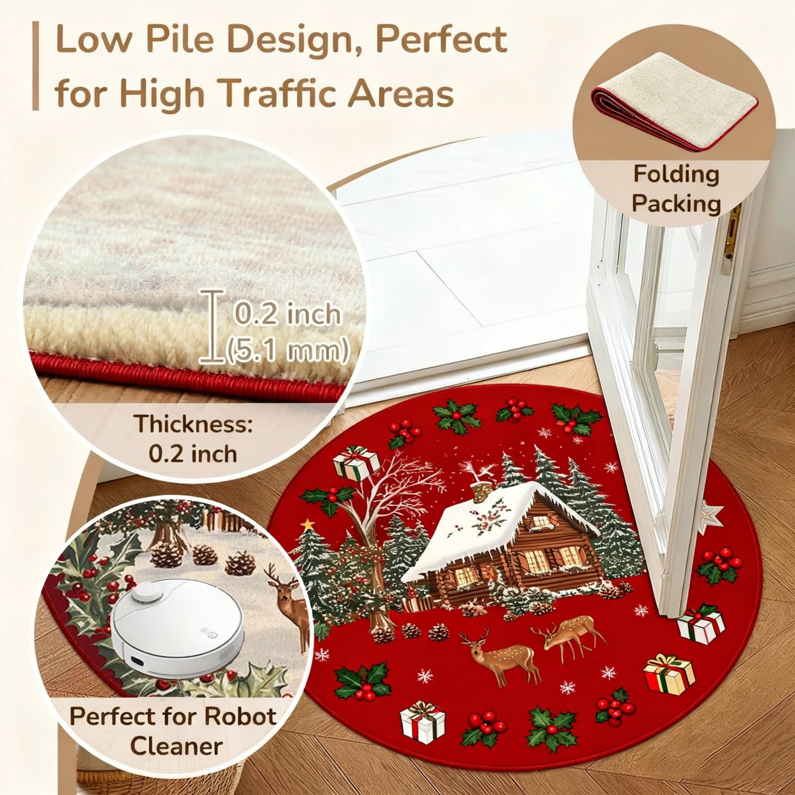 Odot Tapis Rond de Noël, Lavable Rug de Salon, Chambre à Coucher, Ambiance Festive,Tapis Chambre Enfant, Couverture de Chevet Père Noël pour L'intérieur (Rouge et Vert,160cm)