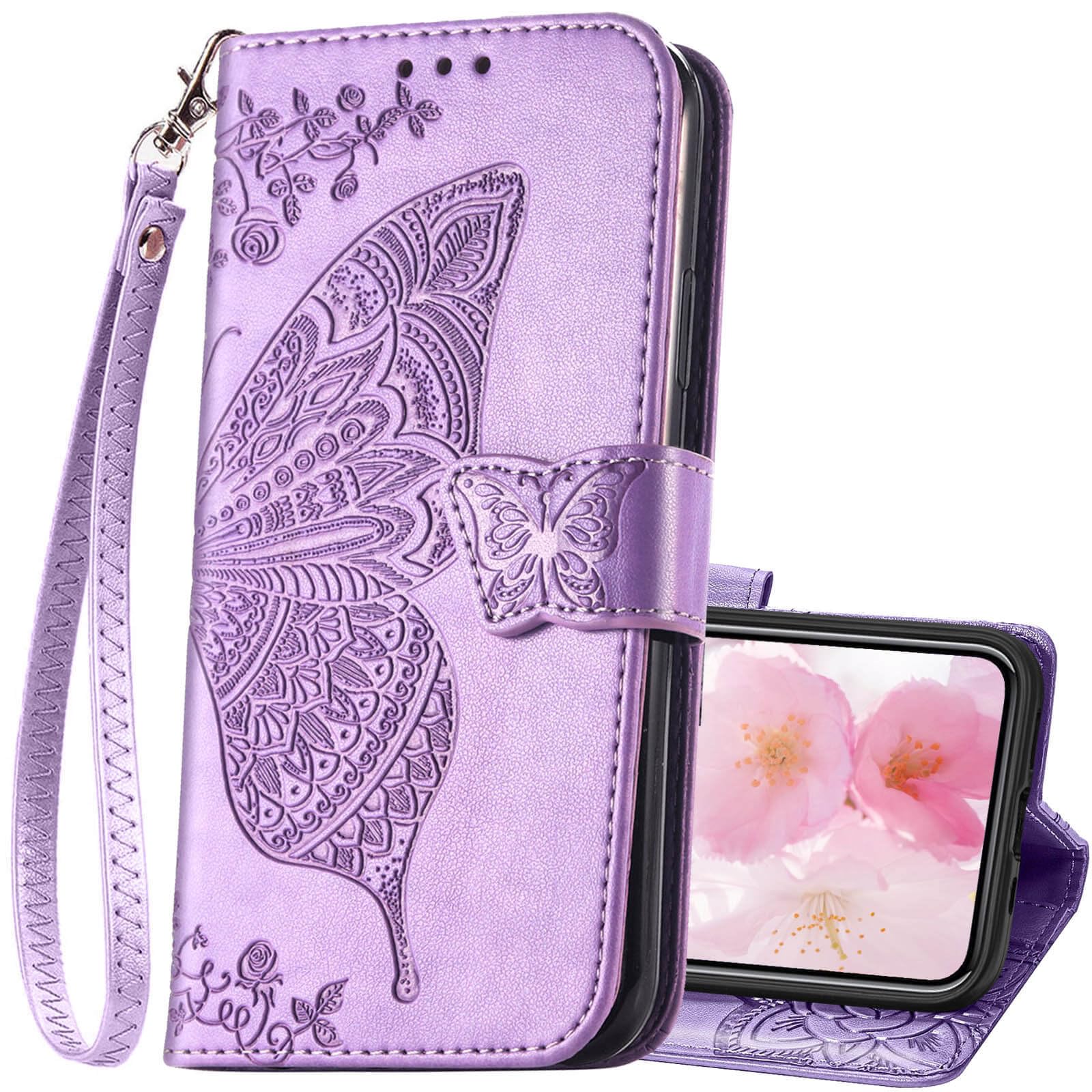 KRHGEIK for iPhone 12 Pro/iPhone 12 Wallet Case,Women Flip Folio Cover with Butterfly Embossed PU Leather Kickstand Credit Card Holder Slots Wrist