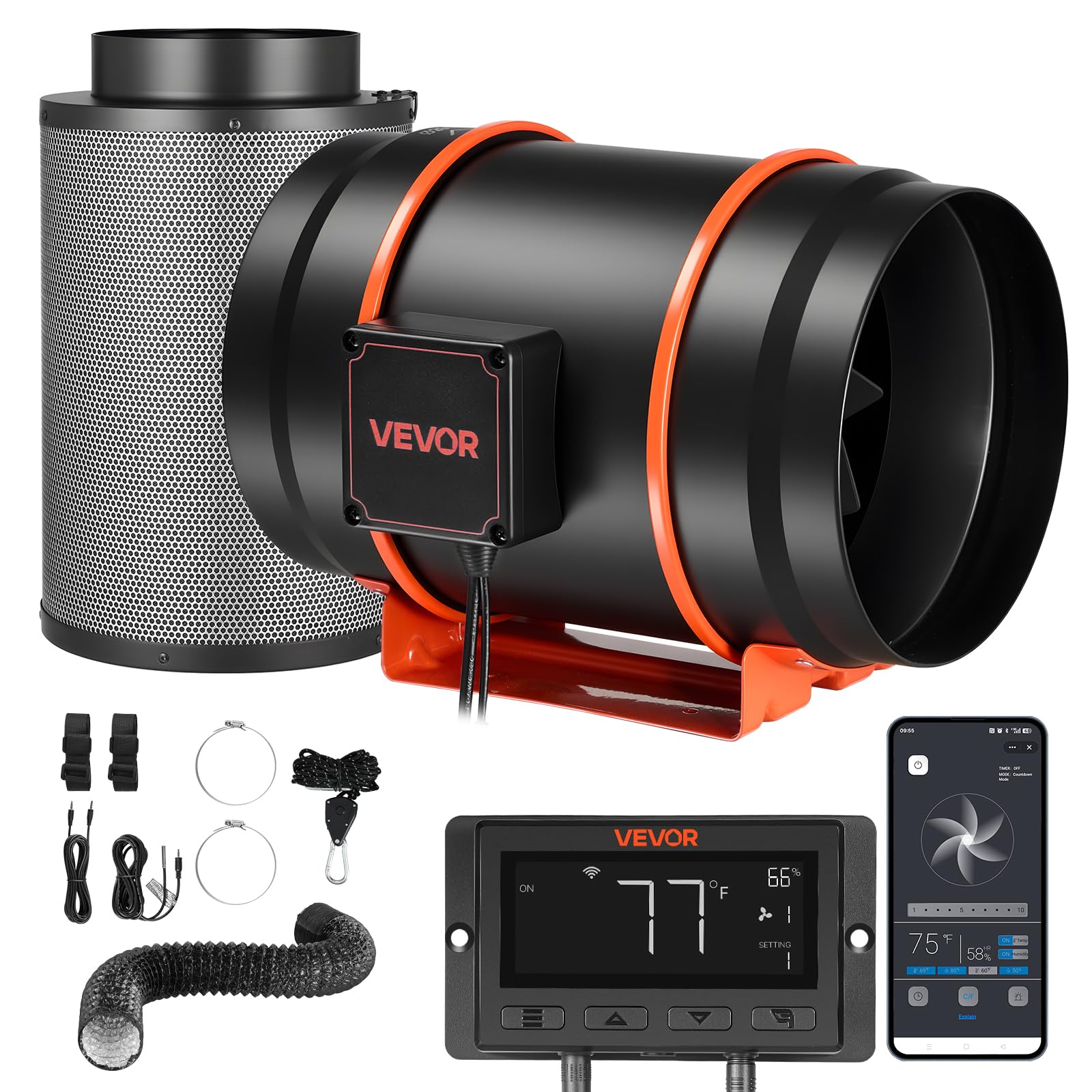 VEVOR Kit Ventilateur de Gaine à Flux Mixte avec Filtre à Charbon 1372 m³/h, Extracteur d'air en Ligne 203 mm pour Tente de Culture, Moteur EC, 10 Vitesses, Contrôleur PWM, Contrôle App, Minuterie
