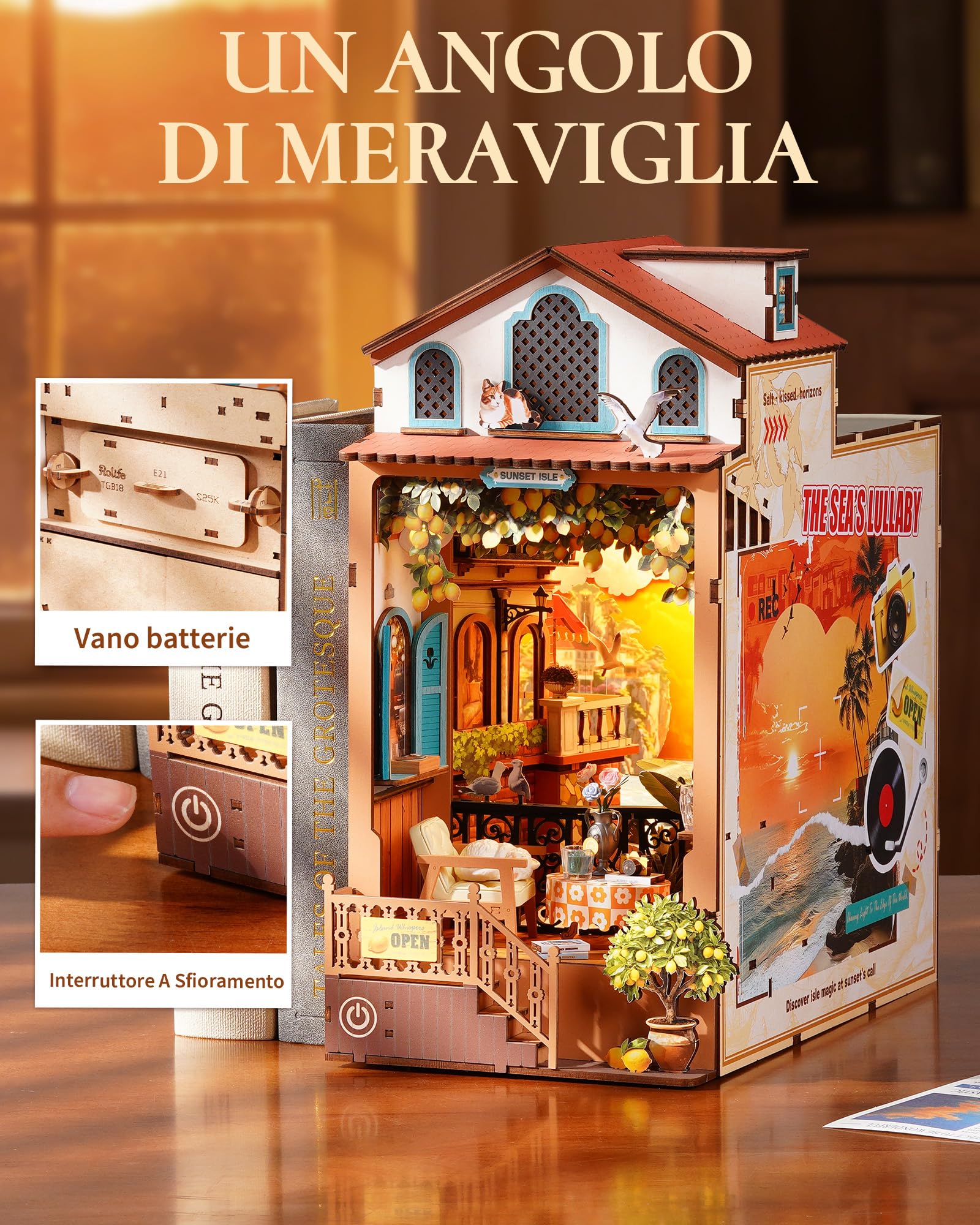 Rolife Book Nook Kit Miniature da Costruire DIY Booknook Isola del Tramonto 3d Puzzle Legno con Luci Decorazione Libreria Casa Modellismo da Costruire Adulti Diorama Modellismo